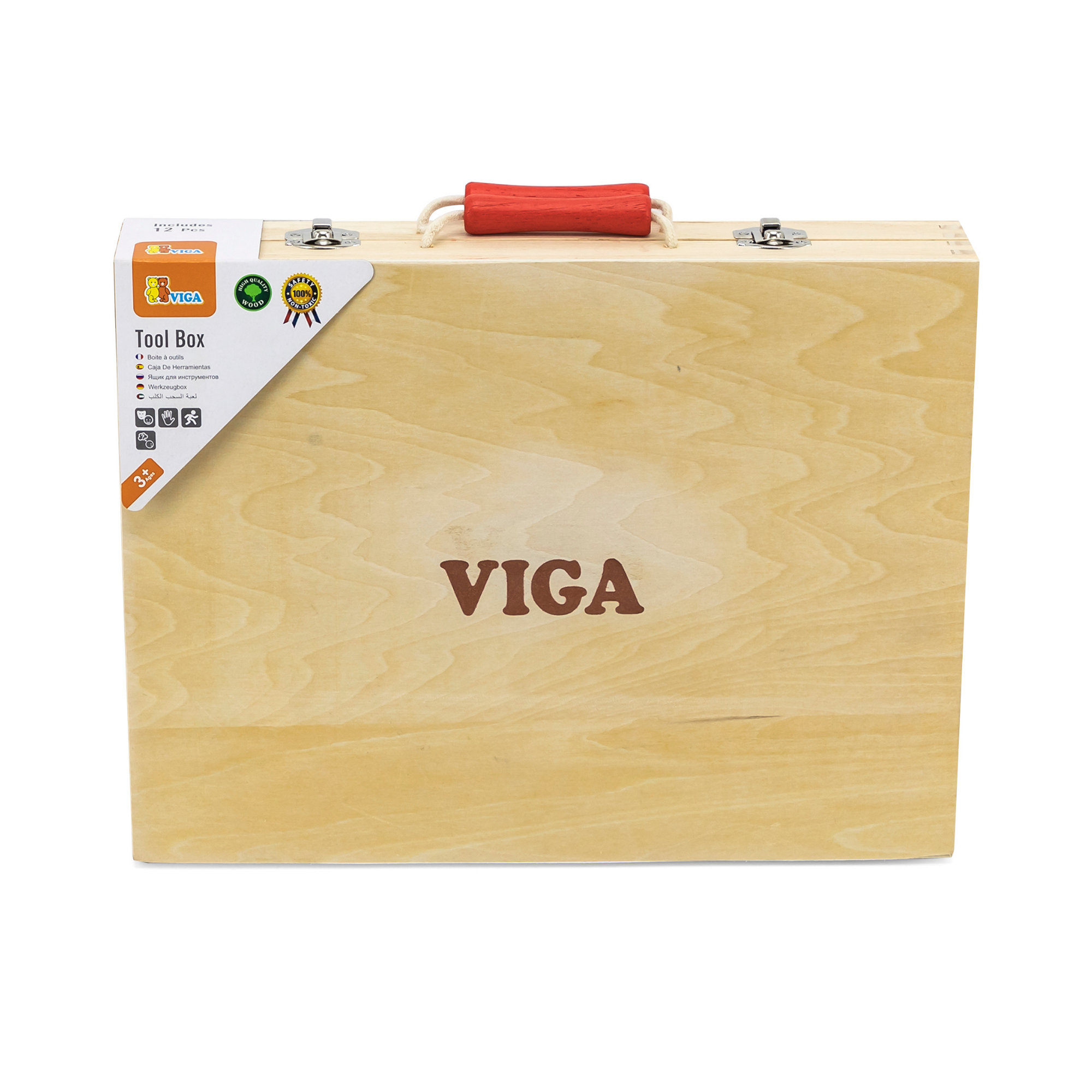 VIGA Wooden Tool Box for Kids  12 Piece Pretend Play Construction Set with Carry Case  Montessori Toy for Imaginative Learning  Ages 3 and Up