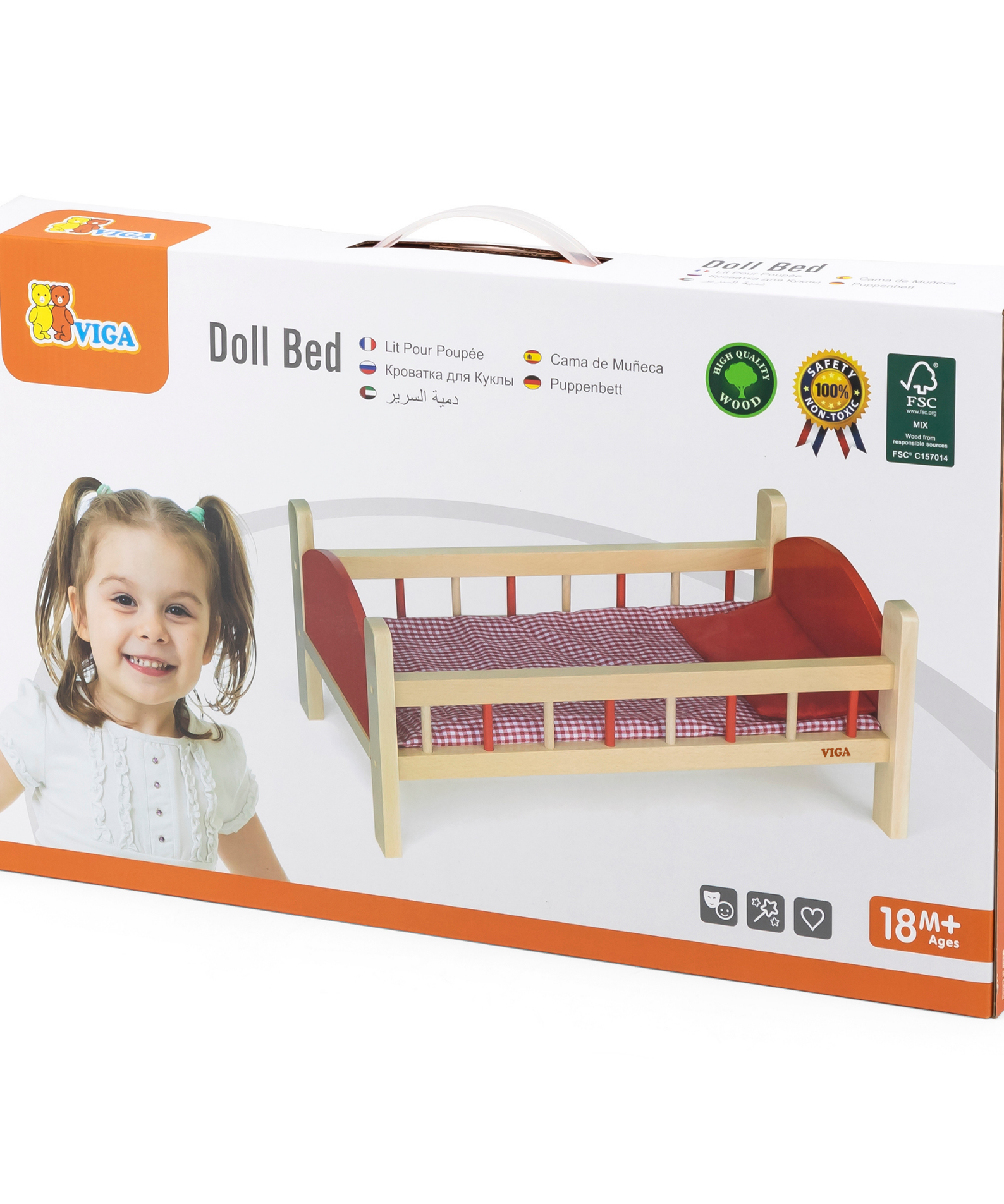 VIGA Wooden Doll Bed with Mattress and Pillow  Pretend Play Cot for Kids Ages 3 and Up