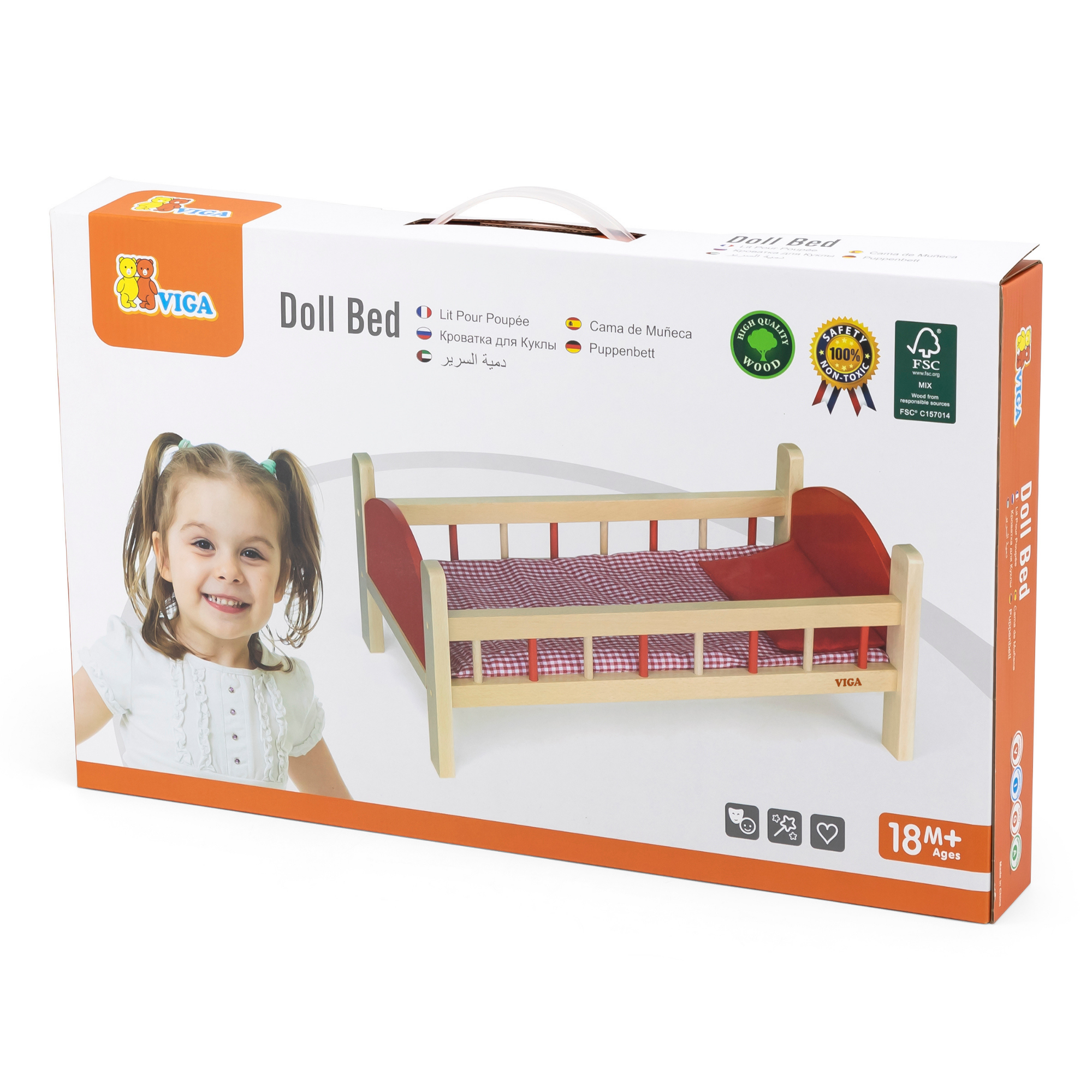 VIGA Wooden Doll Bed with Mattress and Pillow  Pretend Play Cot for Kids Ages 3 and Up