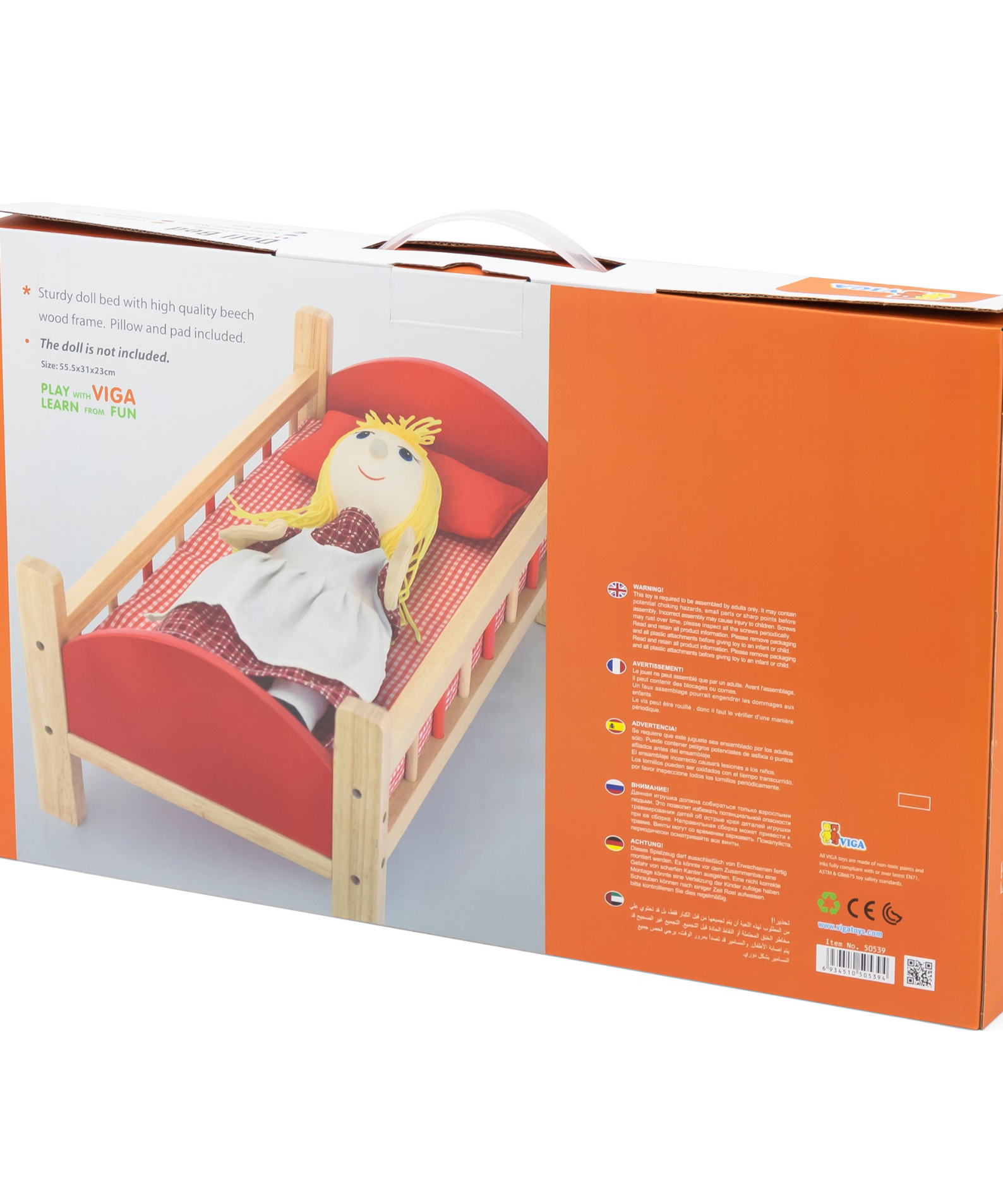 VIGA Wooden Doll Bed with Mattress and Pillow  Pretend Play Cot for Kids Ages 3 and Up