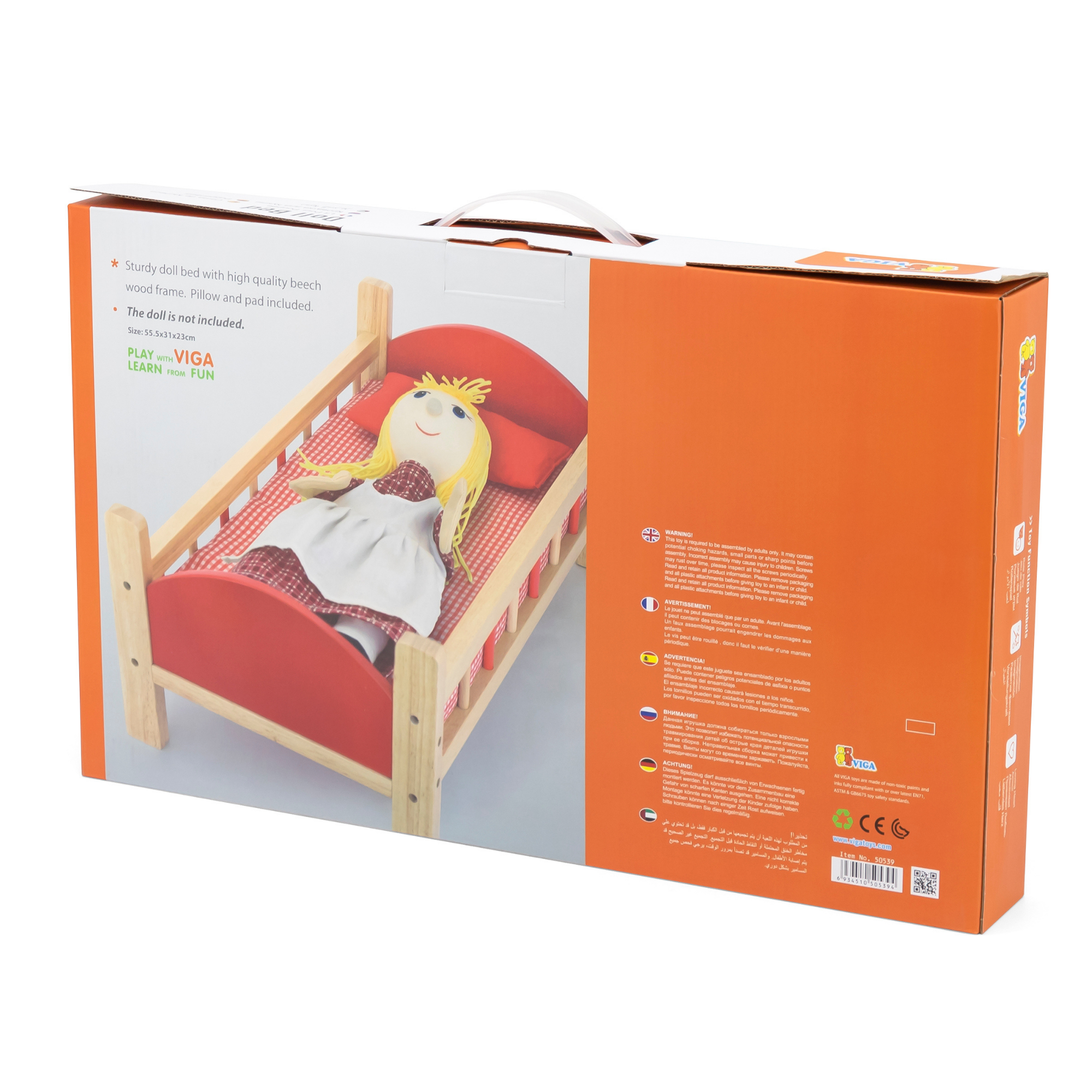 VIGA Wooden Doll Bed with Mattress and Pillow  Pretend Play Cot for Kids Ages 3 and Up
