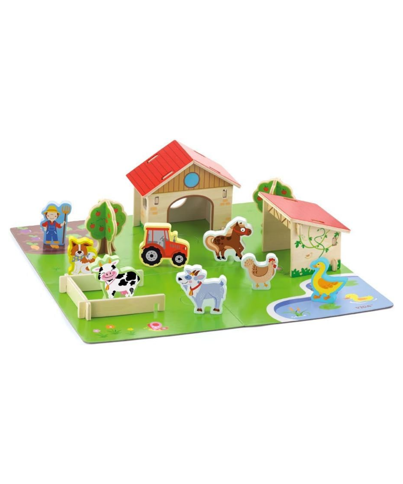VIGA 3D Wooden Farm Set for Kids  Interactive Pretend Play Farm with Animals, Tractor, Barn and Accessories  Educational Roleplay Toy for Ages 3 and Up