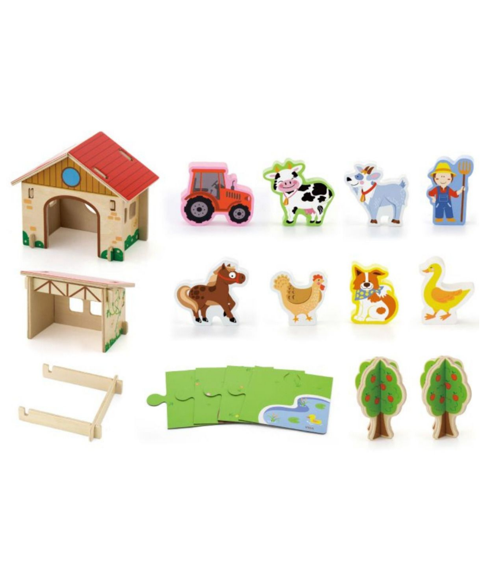 VIGA 3D Wooden Farm Set for Kids  Interactive Pretend Play Farm with Animals, Tractor, Barn and Accessories  Educational Roleplay Toy for Ages 3 and Up