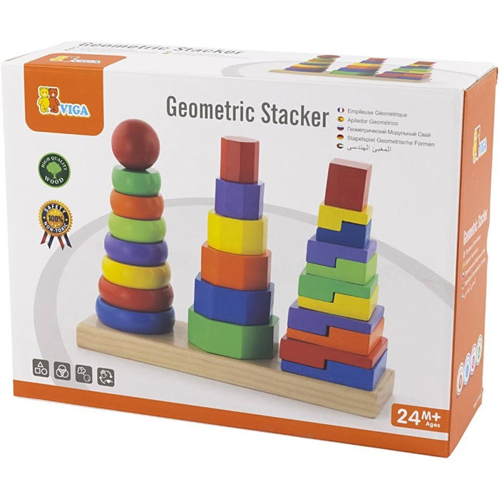 VIGA Wooden Geometric Stacker for Kids Age 2+ | Montessori Shape and Color Sorting Toy with 3 Pyramids