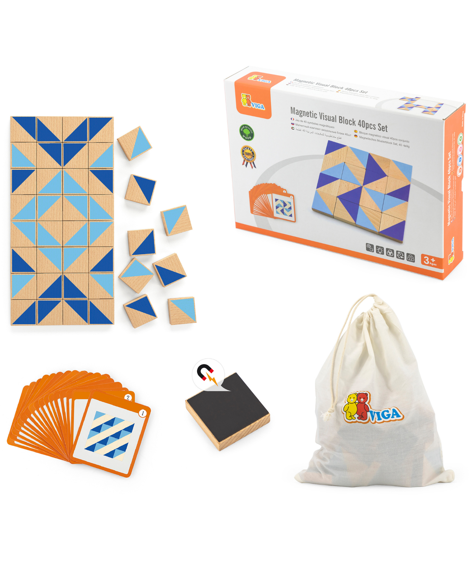 Viga Visual Blocks, 40 Piece Magnetic Puzzle, Montessori Wooden Toy, Develops Sensory, Cognitive & Fine Motor Skills, Non-Toxic & Eco-friendly Kids Educational Toy, Suitable for Children Aged 3Y+