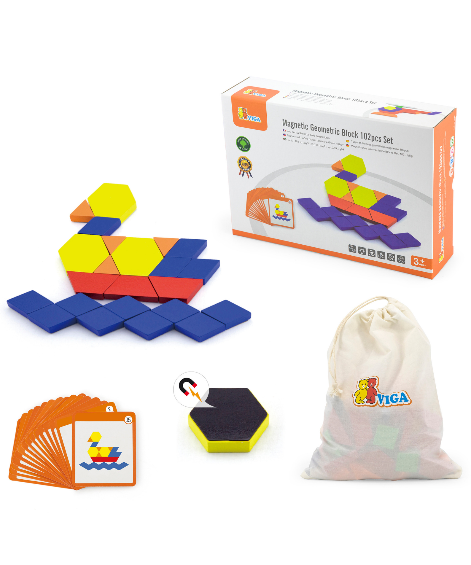 Viga Geometric Blocks, 102 Piece Magnetic Puzzle, Montessori Wooden Toy, Develops Sensory, Cognitive & Fine Motor Skills, Non-Toxic & Eco-friendly Kids Educational Toy, Suitable for Children Aged 3Y+