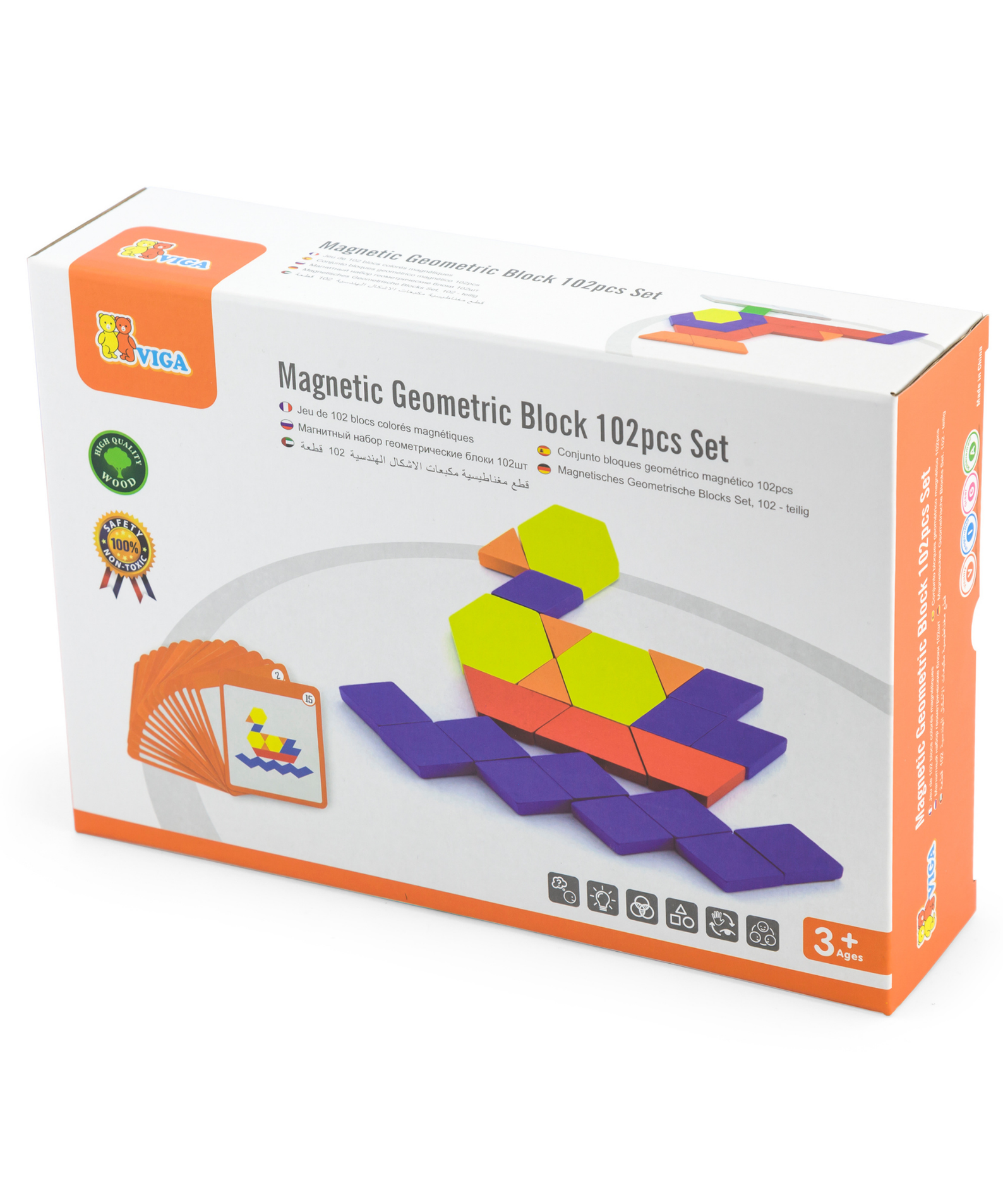Viga Geometric Blocks, 102 Piece Magnetic Puzzle, Montessori Wooden Toy, Develops Sensory, Cognitive & Fine Motor Skills, Non-Toxic & Eco-friendly Kids Educational Toy, Suitable for Children Aged 3Y+