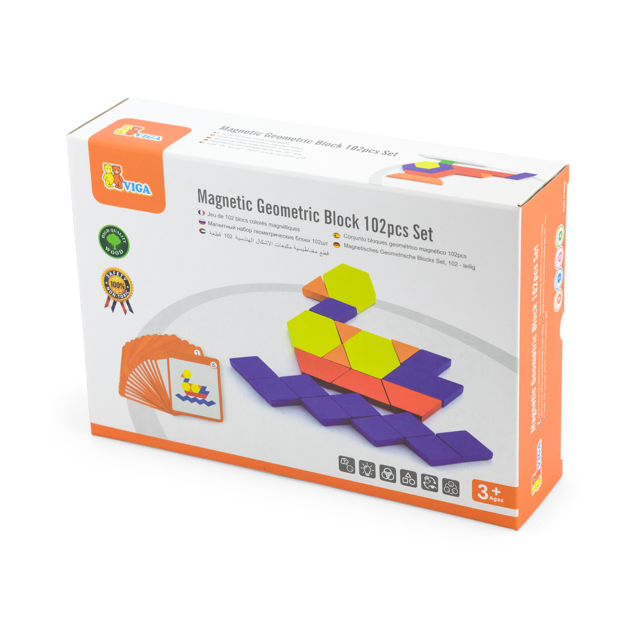 Viga Geometric Blocks, 102 Piece Magnetic Puzzle, Montessori Wooden Toy, Develops Sensory, Cognitive & Fine Motor Skills, Non-Toxic & Eco-friendly Kids Educational Toy, Suitable for Children Aged 3Y+