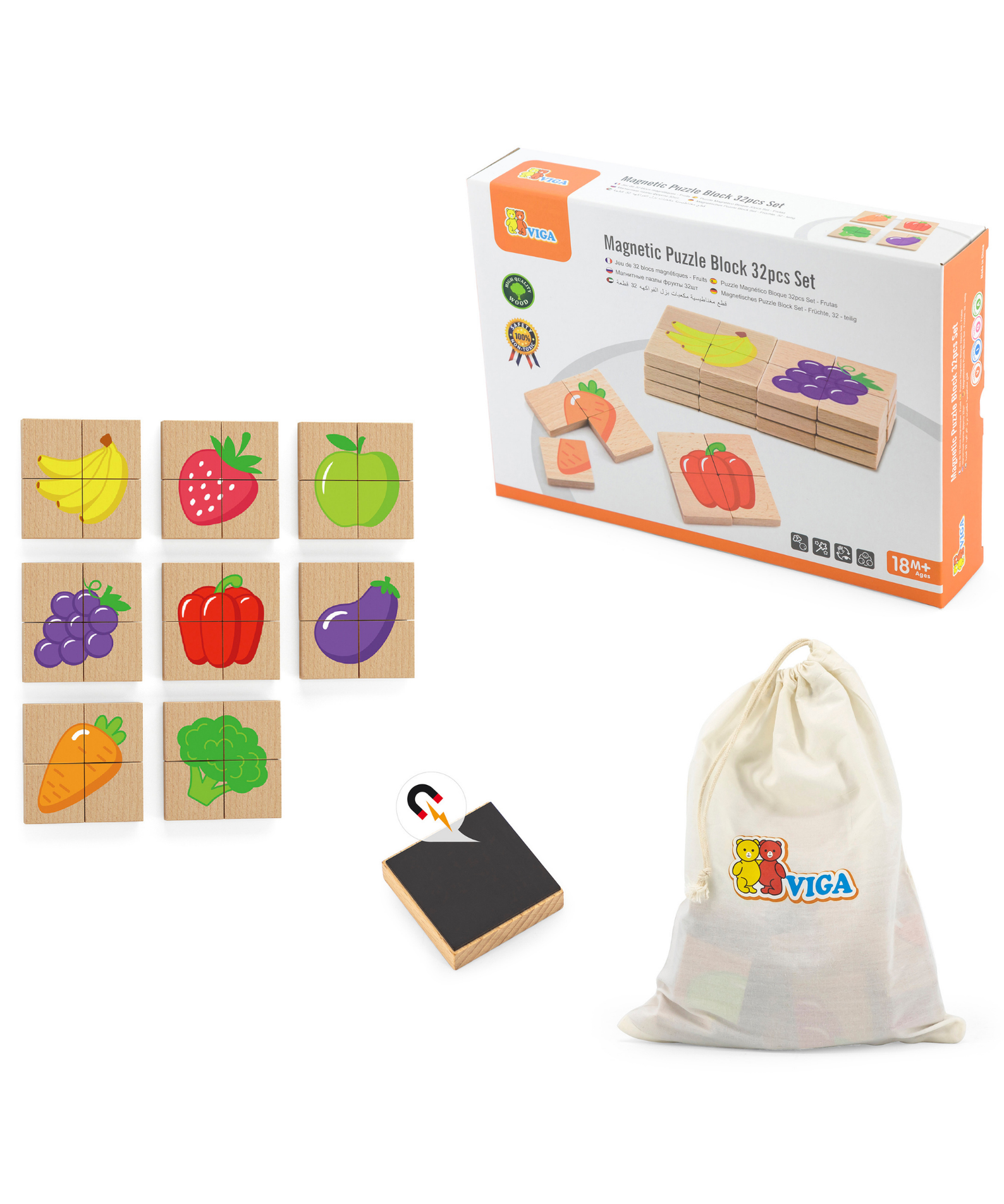 Viga Fruits, 32 Piece Magnetic Block Puzzle, Montessori Wooden Toy, Develops Sensory, Cognitive & Fine Motor Skills, Non-Toxic & Eco-friendly Kids Educational Toy, Suitable for Children Aged 18M+
