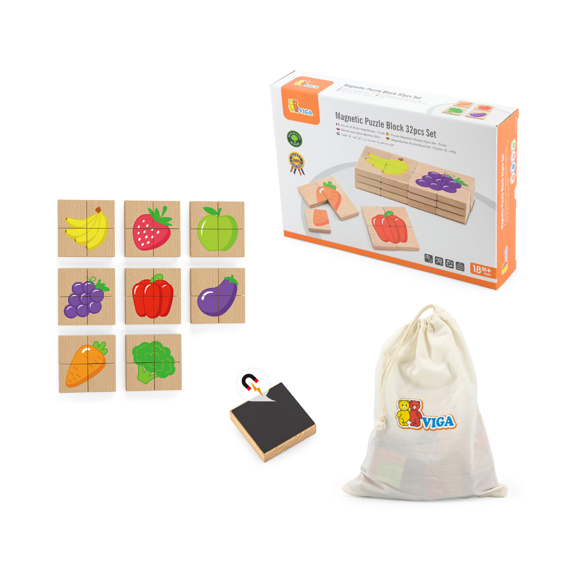 Viga Fruits, 32 Piece Magnetic Block Puzzle, Montessori Wooden Toy, Develops Sensory, Cognitive & Fine Motor Skills, Non-Toxic & Eco-friendly Kids Educational Toy, Suitable for Children Aged 18M+