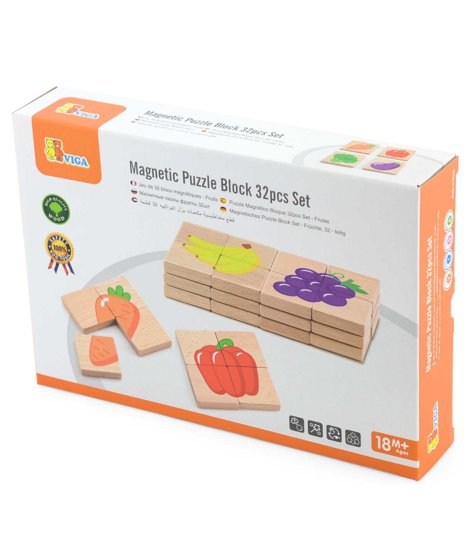Viga Fruits, 32 Piece Magnetic Block Puzzle, Montessori Wooden Toy, Develops Sensory, Cognitive & Fine Motor Skills, Non-Toxic & Eco-friendly Kids Educational Toy, Suitable for Children Aged 18M+