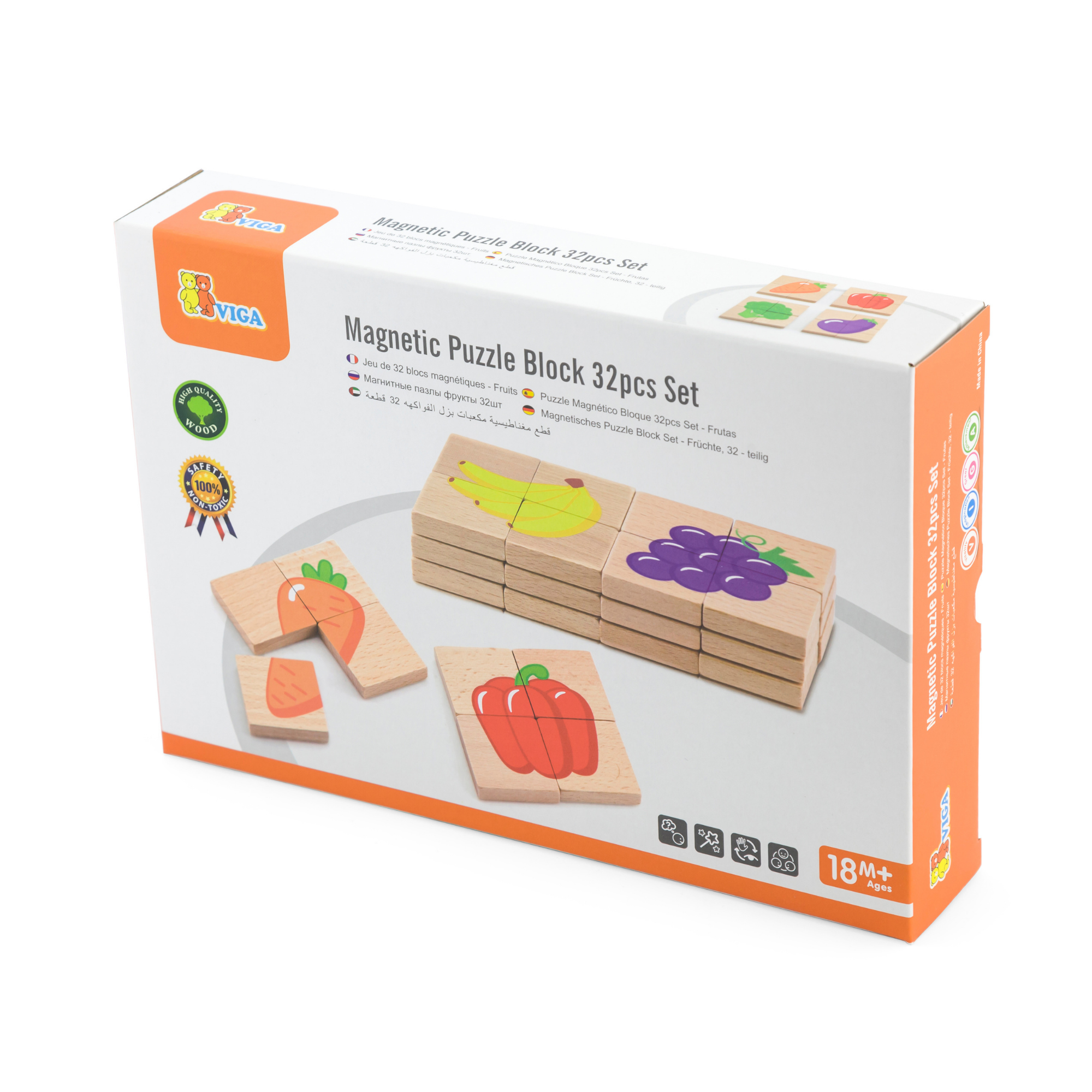 Viga Fruits, 32 Piece Magnetic Block Puzzle, Montessori Wooden Toy, Develops Sensory, Cognitive & Fine Motor Skills, Non-Toxic & Eco-friendly Kids Educational Toy, Suitable for Children Aged 18M+