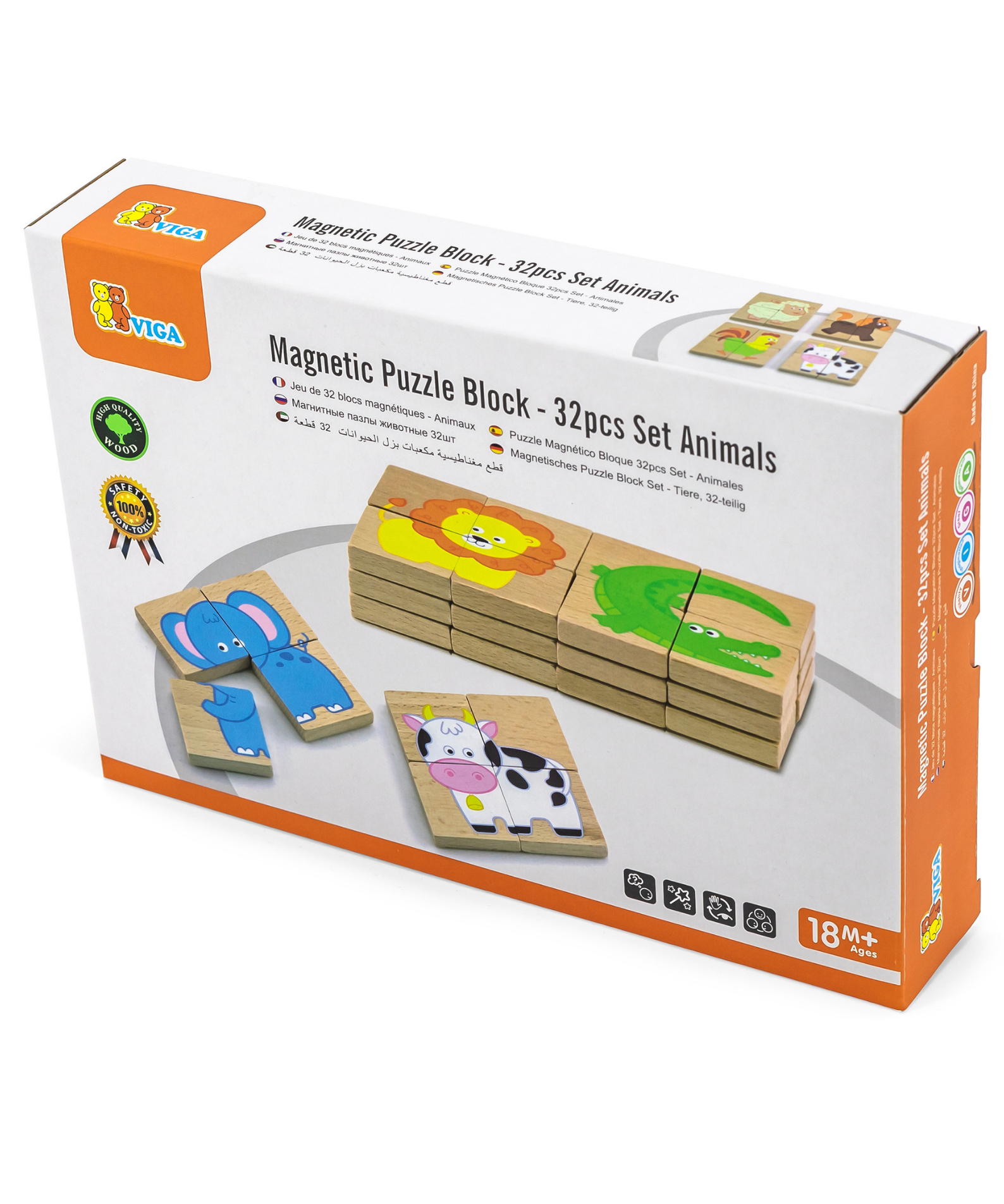 Viga Animals, 32 Piece Magnetic Block Puzzle, Montessori Wooden Toy, Develops Sensory, Cognitive & Fine Motor Skills, Non-Toxic & Eco-friendly Kids Educational Toy, Suitable for Children Aged 18M+