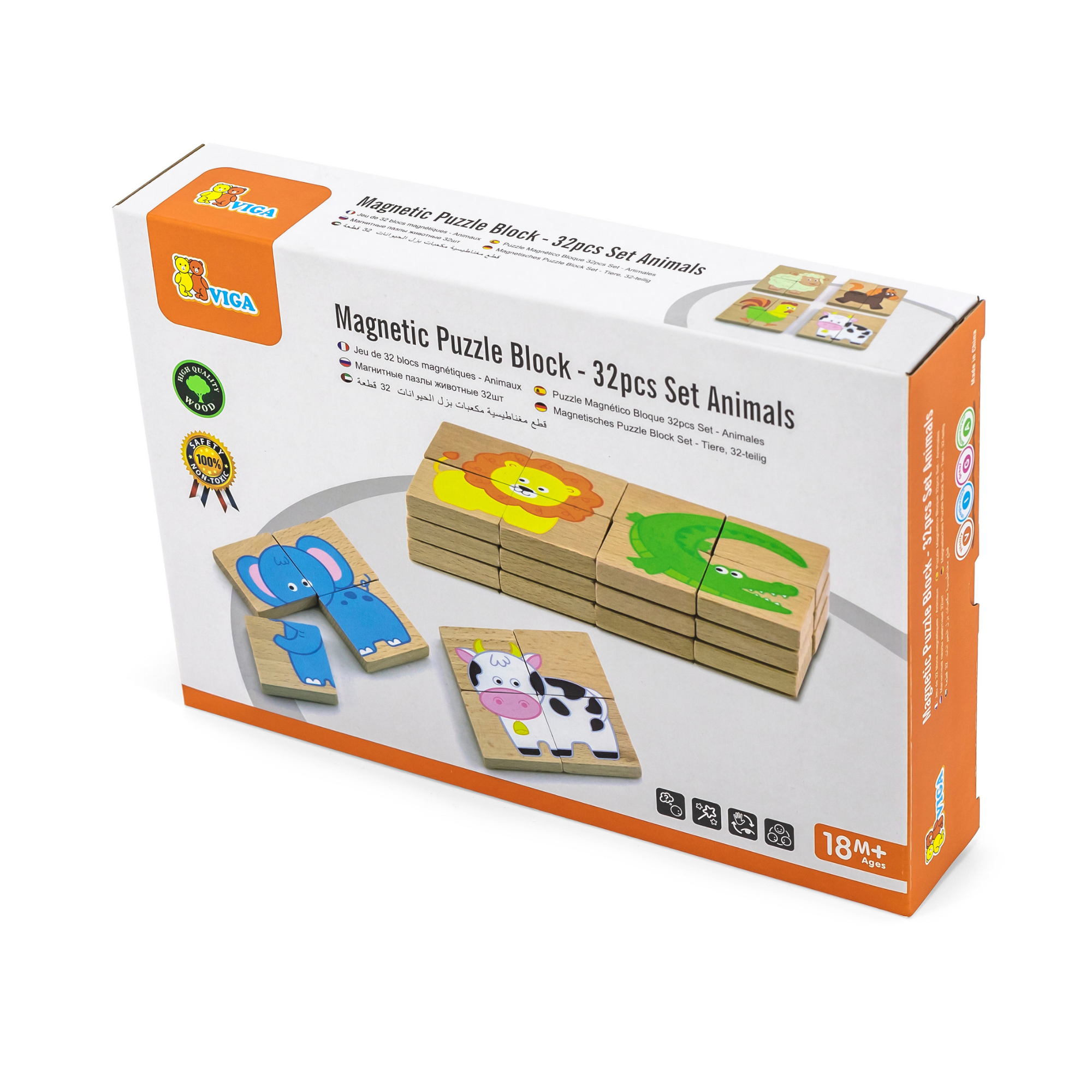 Viga Animals, 32 Piece Magnetic Block Puzzle, Montessori Wooden Toy, Develops Sensory, Cognitive & Fine Motor Skills, Non-Toxic & Eco-friendly Kids Educational Toy, Suitable for Children Aged 18M+