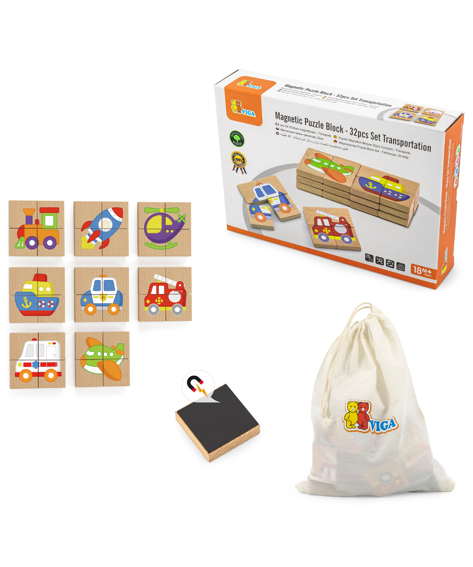 Viga Transportation, 32 Piece Magnetic Block Puzzle, Montessori Wooden Toy, Develops Sensory, Cognitive & Fine Motor Skills, Non-Toxic & Eco-friendly Kids Educational Toy, Suitable for Children 18M+