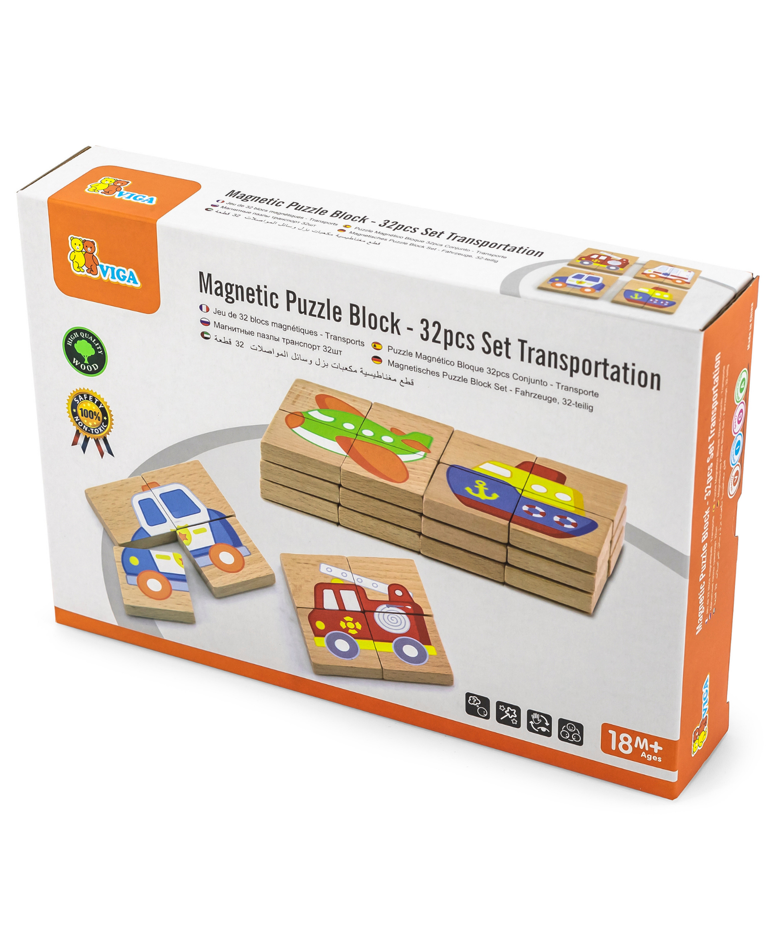 Viga Transportation, 32 Piece Magnetic Block Puzzle, Montessori Wooden Toy, Develops Sensory, Cognitive & Fine Motor Skills, Non-Toxic & Eco-friendly Kids Educational Toy, Suitable for Children 18M+