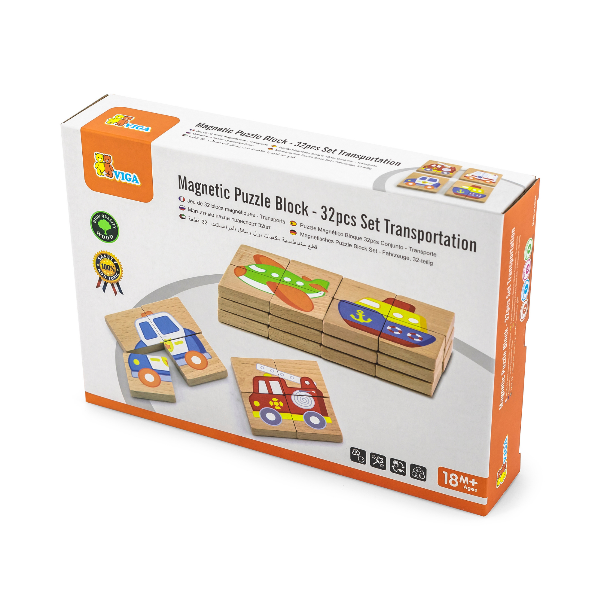 Viga Transportation, 32 Piece Magnetic Block Puzzle, Montessori Wooden Toy, Develops Sensory, Cognitive & Fine Motor Skills, Non-Toxic & Eco-friendly Kids Educational Toy, Suitable for Children 18M+