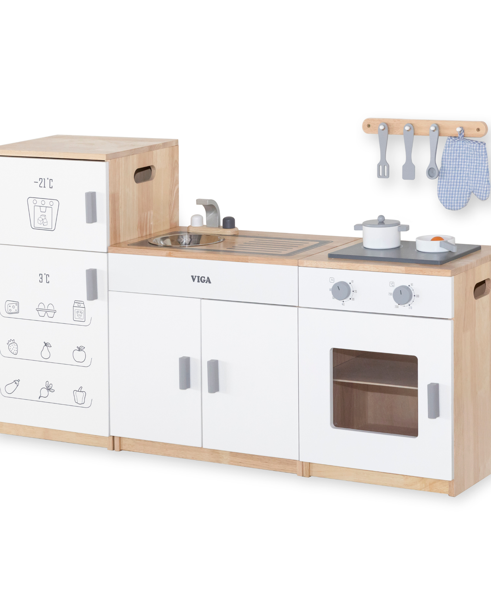 VIGA White Wooden Kitchen with Fridge  Pretend Play Cooking Set for Kids  Age 3 Years and Above