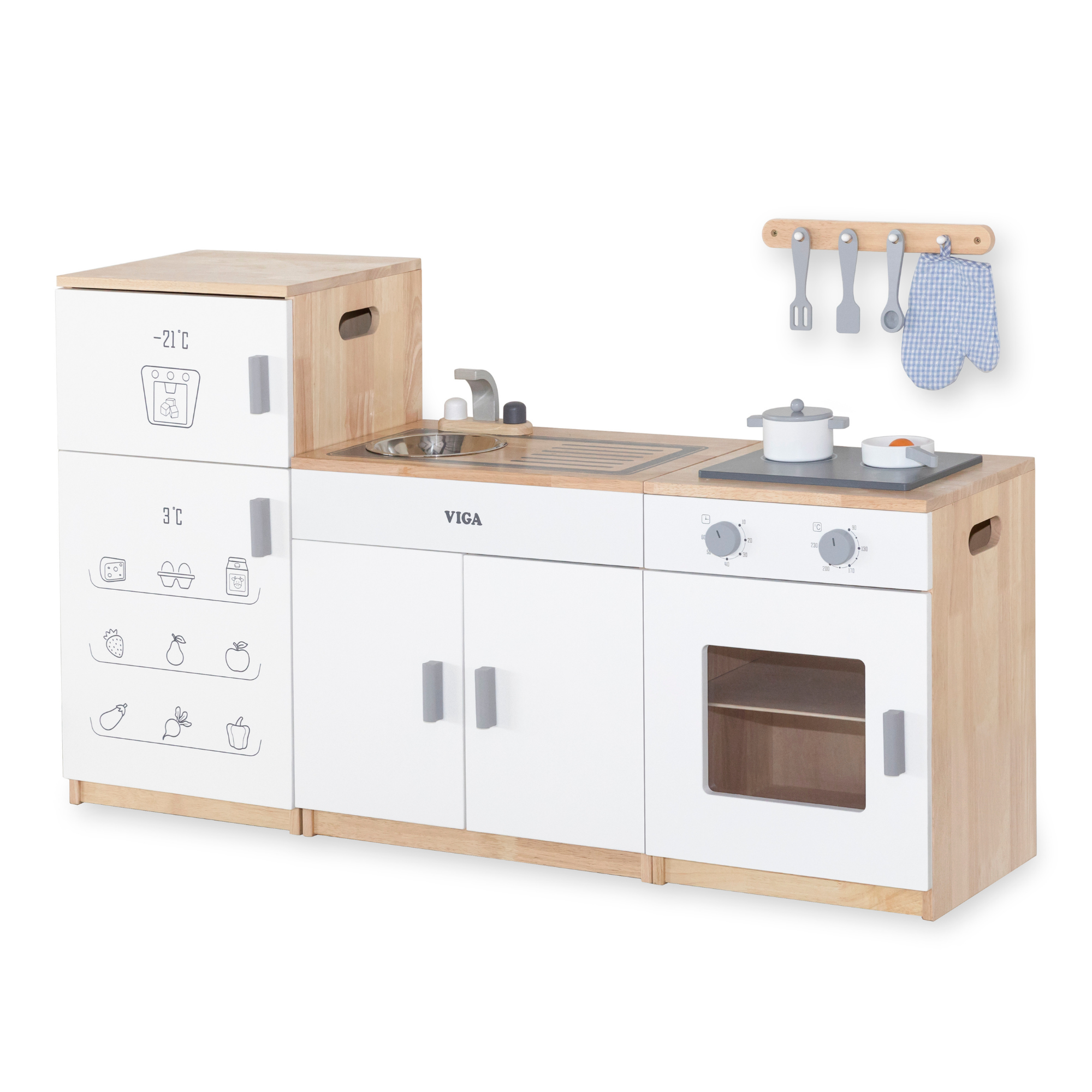 VIGA White Wooden Kitchen with Fridge  Pretend Play Cooking Set for Kids  Age 3 Years and Above