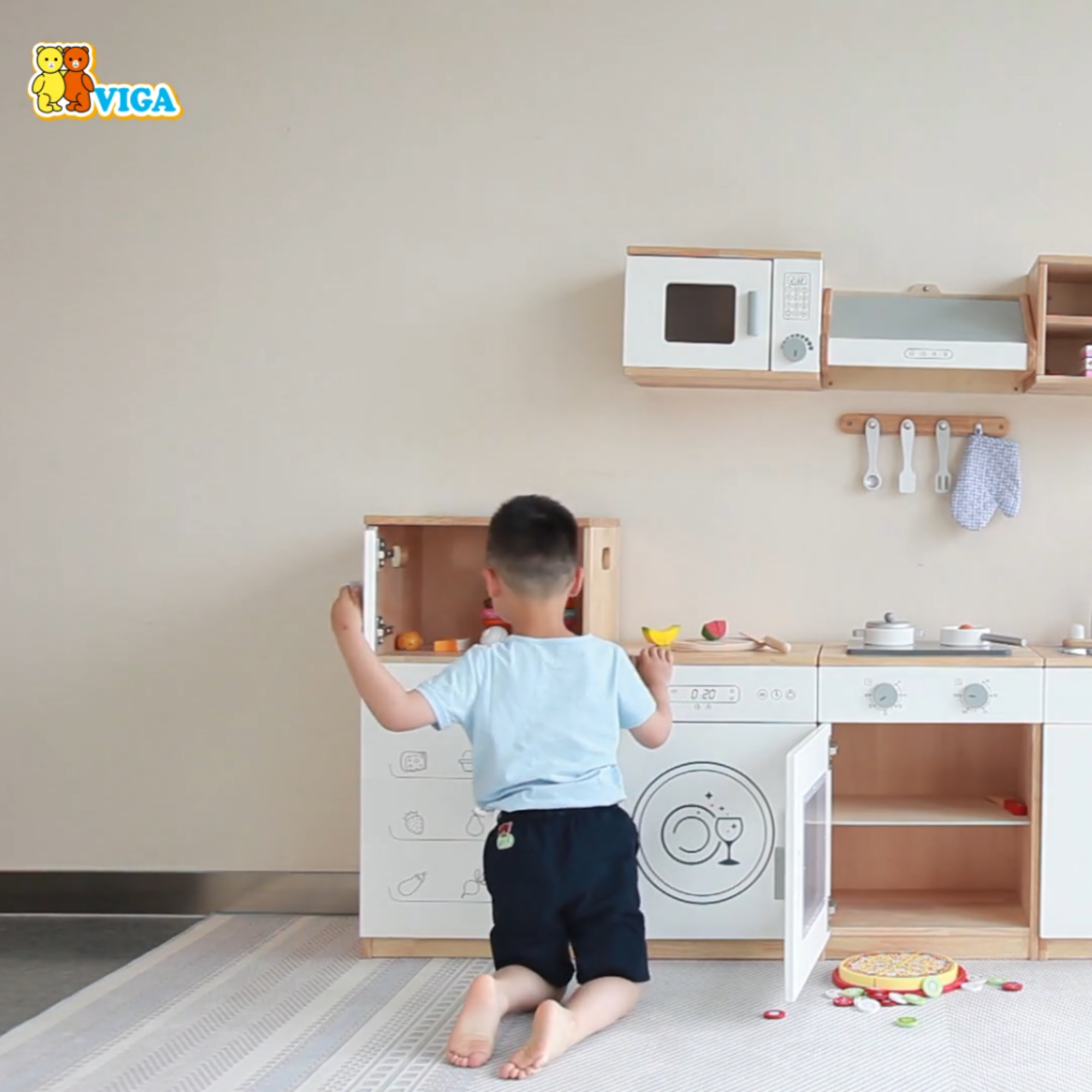 VIGA White Wooden Kitchen with Fridge  Pretend Play Cooking Set for Kids  Age 3 Years and Above