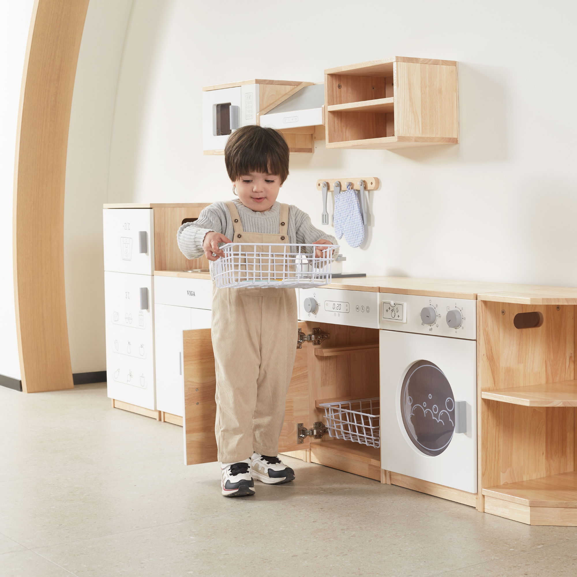 VIGA White Wooden Kitchen  Dish Washer Pretend Play Set for Kids  Age 3 Years and Above