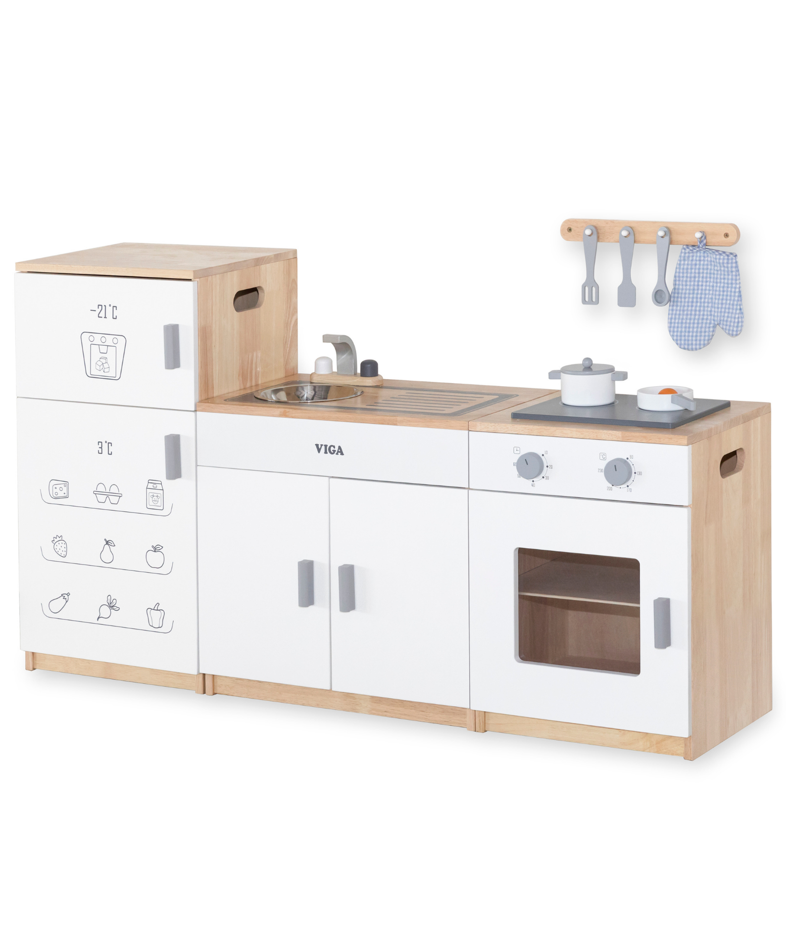 VIGA Wooden White Kitchen Stove with Accessories  Pretend Play Cooking Set for Kids  Modern Roleplay Toy for Early Learning and Imaginative Play