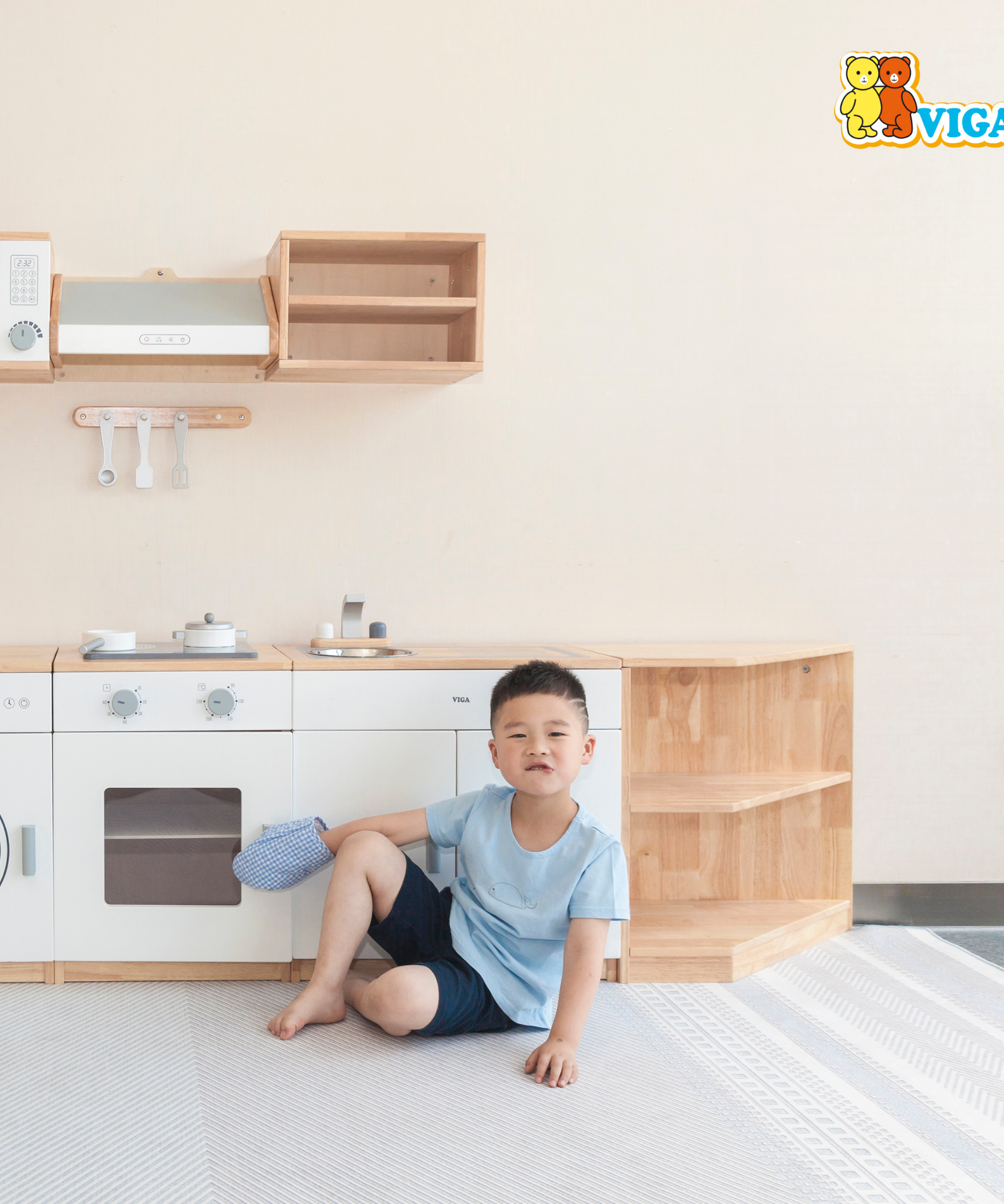 VIGA White Wooden Kitchen  Corner Shelves Pretend Play Storage Unit for Kids  Age 3 Years and Above