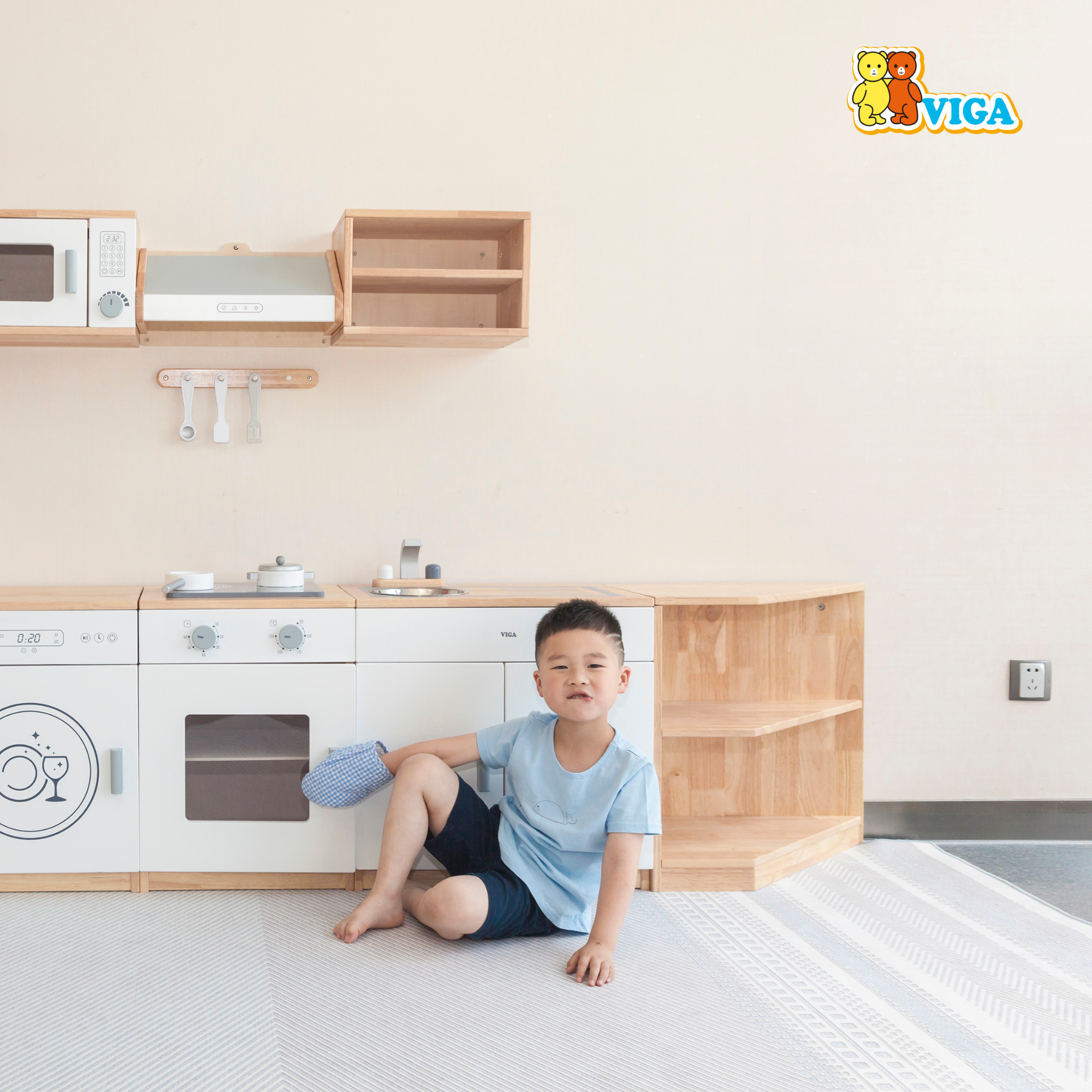 VIGA White Wooden Kitchen  Corner Shelves Pretend Play Storage Unit for Kids  Age 3 Years and Above