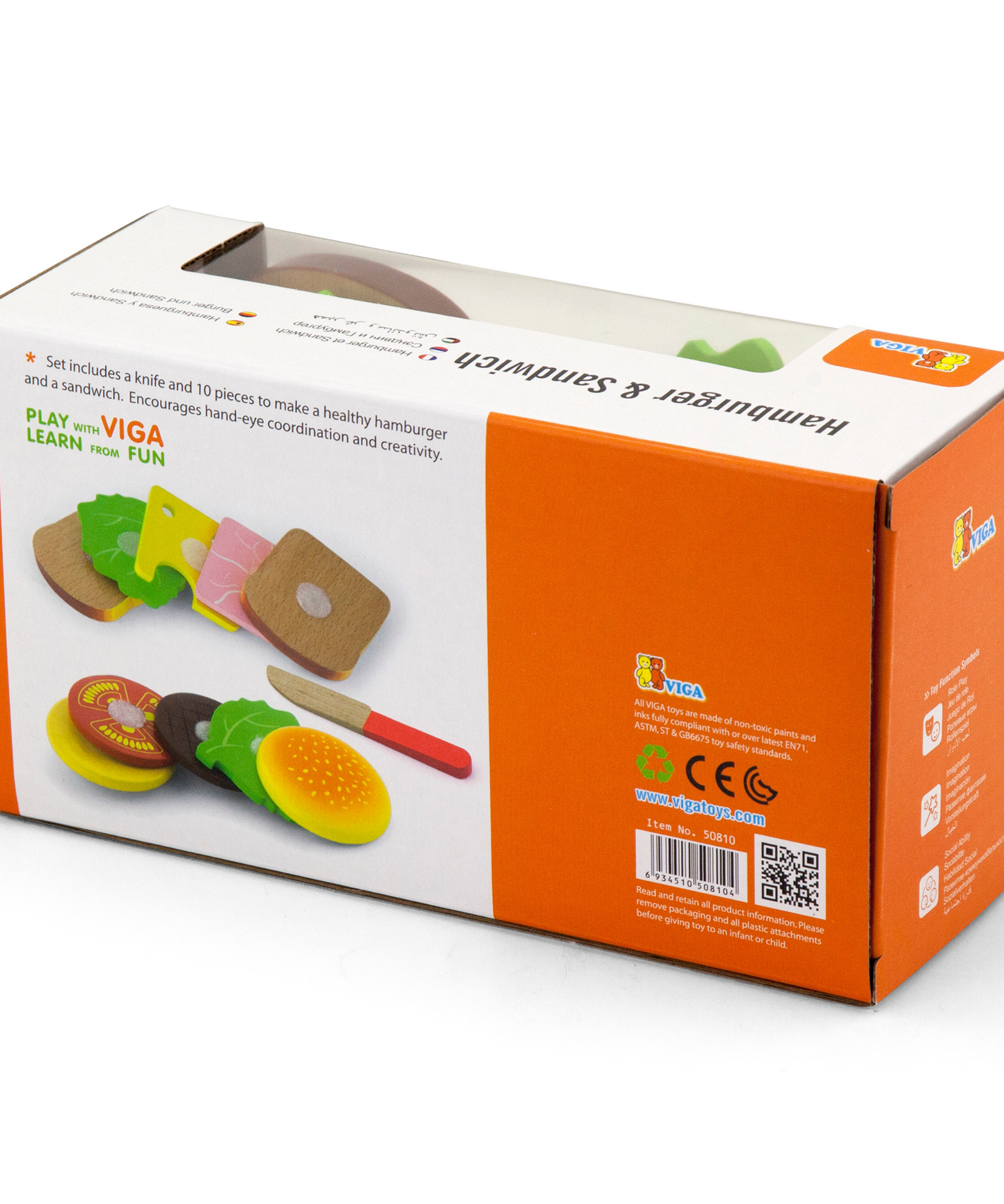 Viga Wooden Hamburger and Sandwich Toy Set, 11 Piece Pretend Play Food with Knife, Montessori Educational Kitchen Toy for Kids 18 Months+