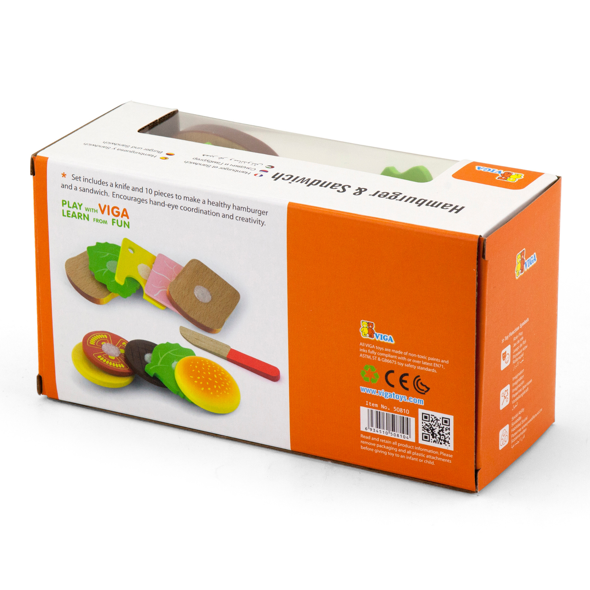 Viga Wooden Hamburger and Sandwich Toy Set, 11 Piece Pretend Play Food with Knife, Montessori Educational Kitchen Toy for Kids 18 Months+