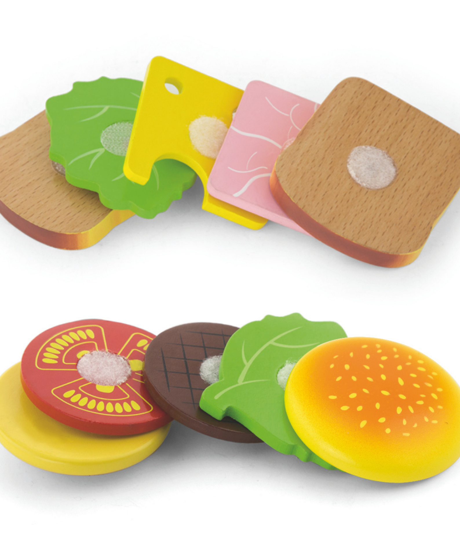 Viga Wooden Hamburger and Sandwich Toy Set, 11 Piece Pretend Play Food with Knife, Montessori Educational Kitchen Toy for Kids 18 Months+
