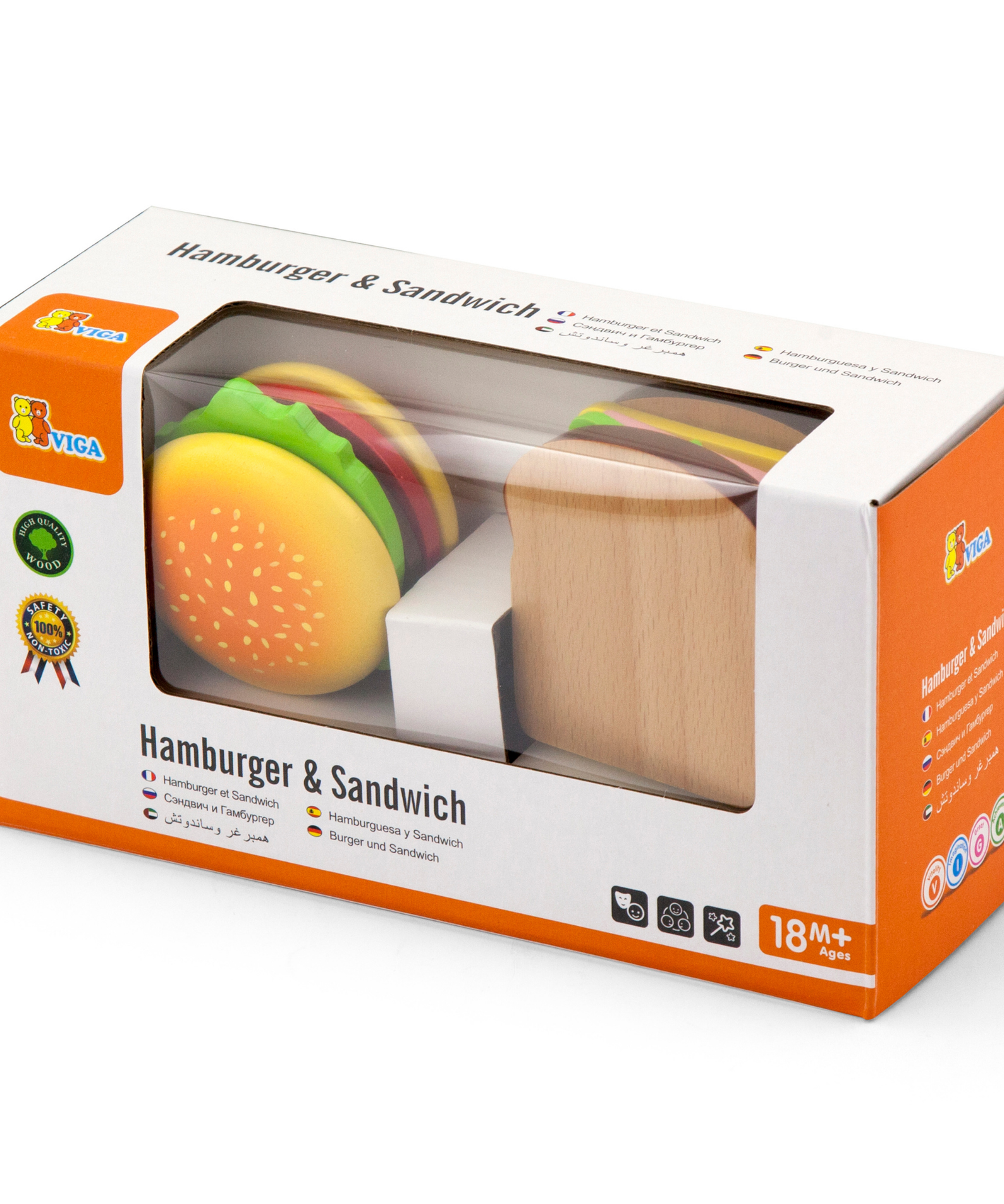 Viga Wooden Hamburger and Sandwich Toy Set, 11 Piece Pretend Play Food with Knife, Montessori Educational Kitchen Toy for Kids 18 Months+