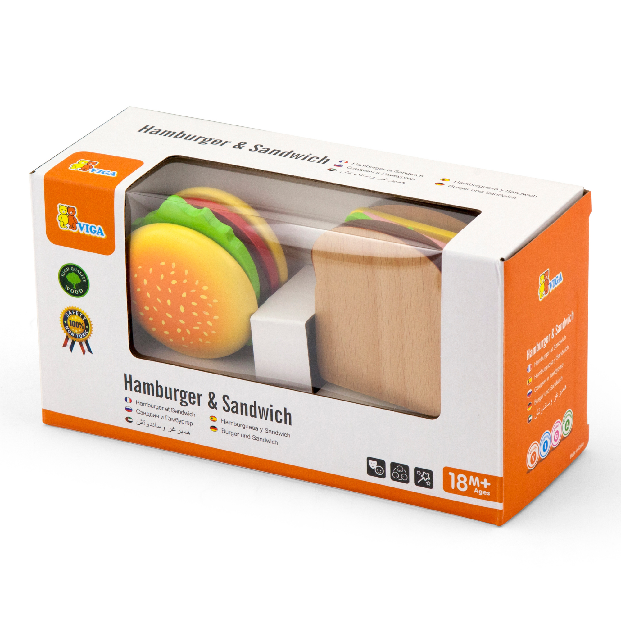 Viga Wooden Hamburger and Sandwich Toy Set, 11 Piece Pretend Play Food with Knife, Montessori Educational Kitchen Toy for Kids 18 Months+
