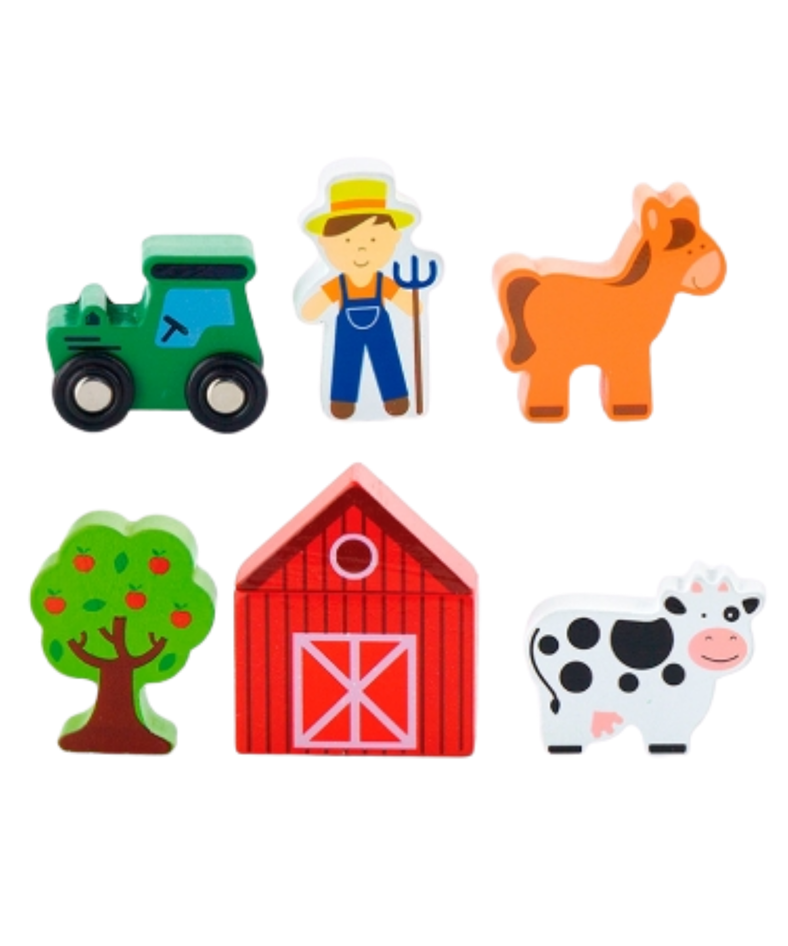 Viga Wooden Farm Train Set Accessory  6-Piece Pretend Play Set with Tractor, Barn, Animals and Farmer  For Ages 3 and Up