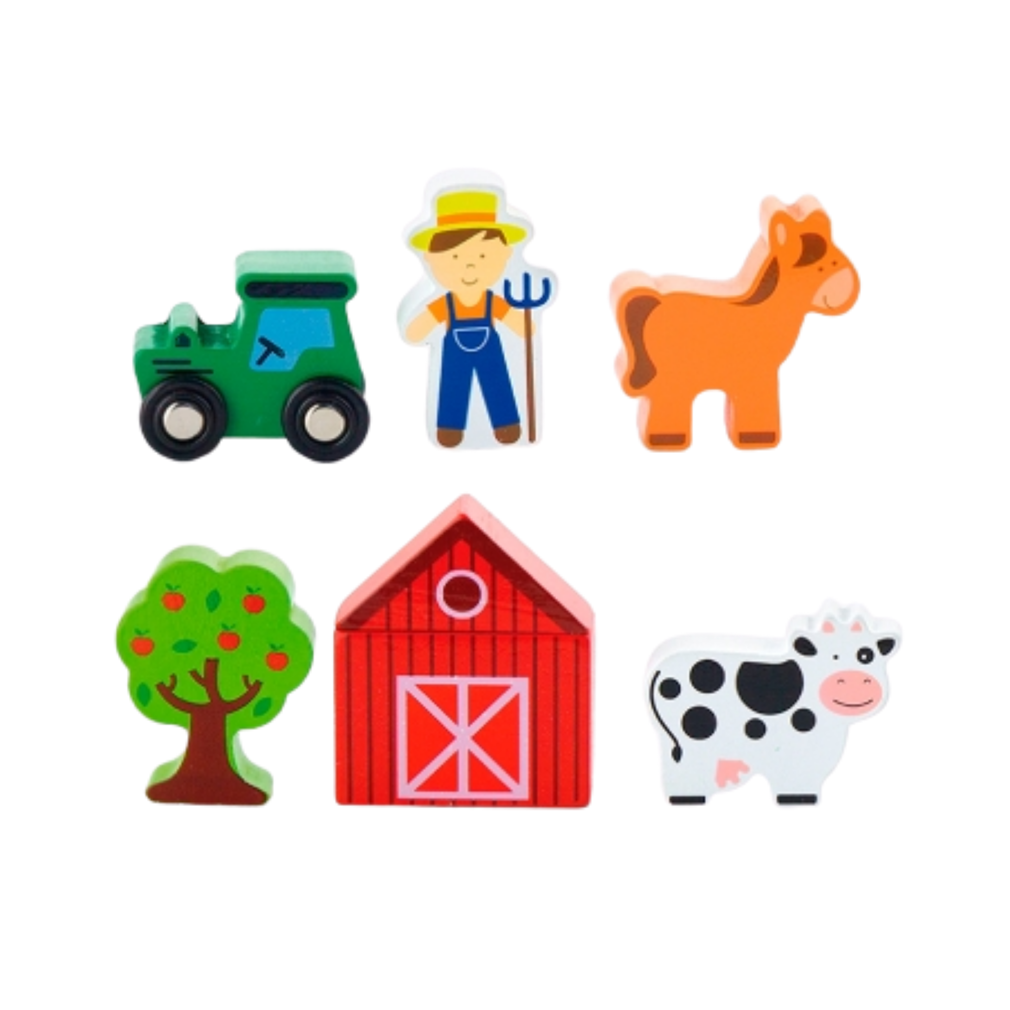 Viga Wooden Farm Train Set Accessory  6-Piece Pretend Play Set with Tractor, Barn, Animals and Farmer  For Ages 3 and Up