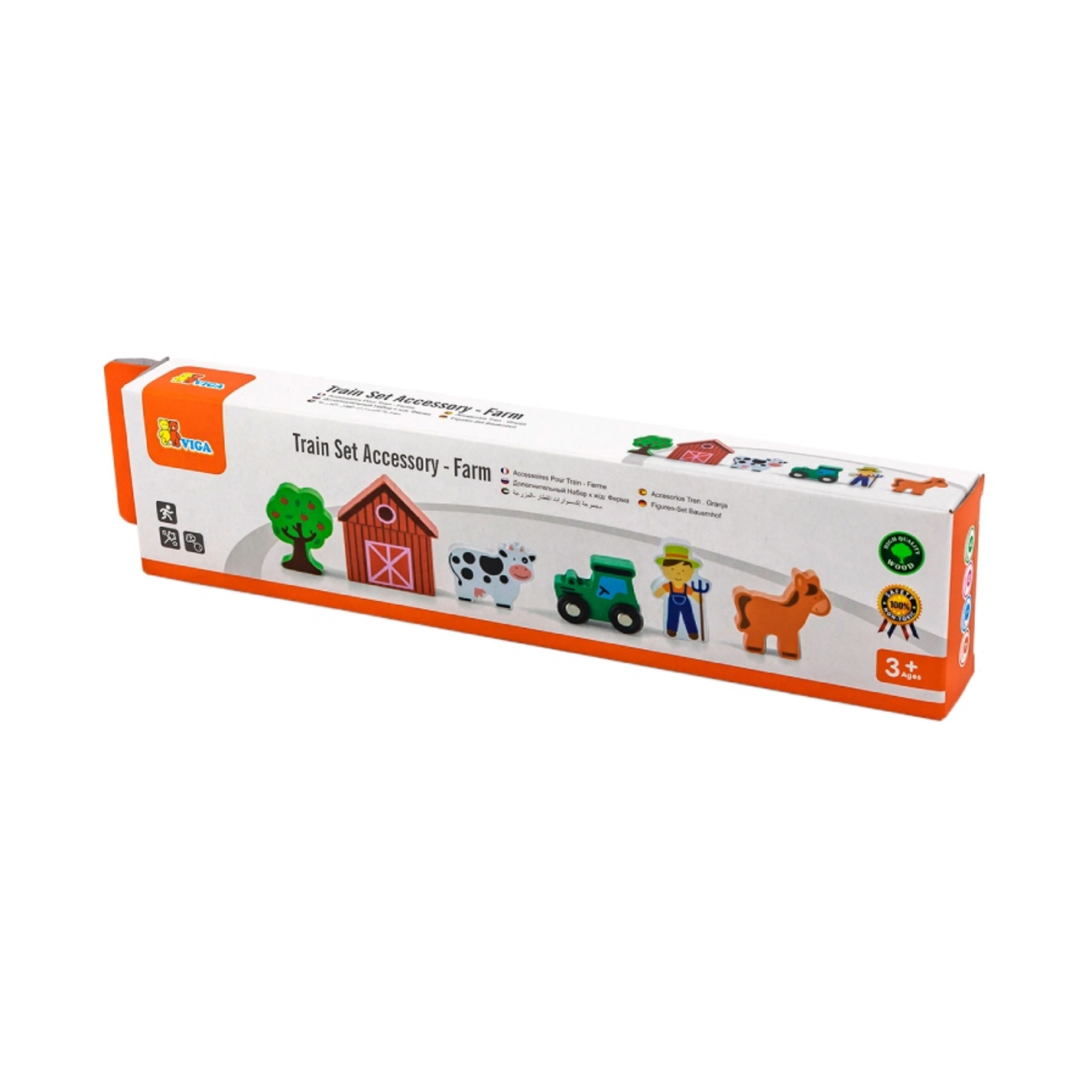 Viga Wooden Farm Train Set Accessory  6-Piece Pretend Play Set with Tractor, Barn, Animals and Farmer  For Ages 3 and Up