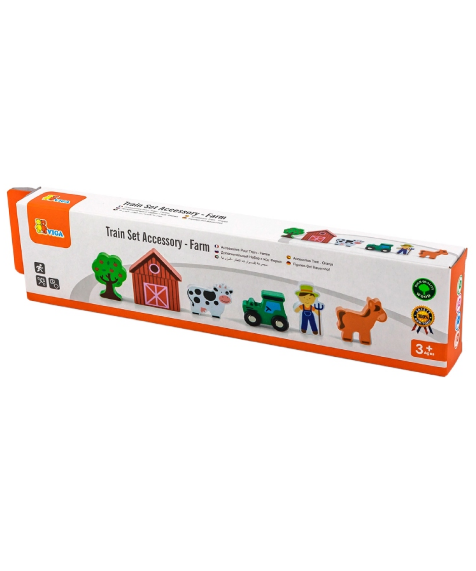 Viga Wooden Farm Train Set Accessory  6-Piece Pretend Play Set with Tractor, Barn, Animals and Farmer  For Ages 3 and Up