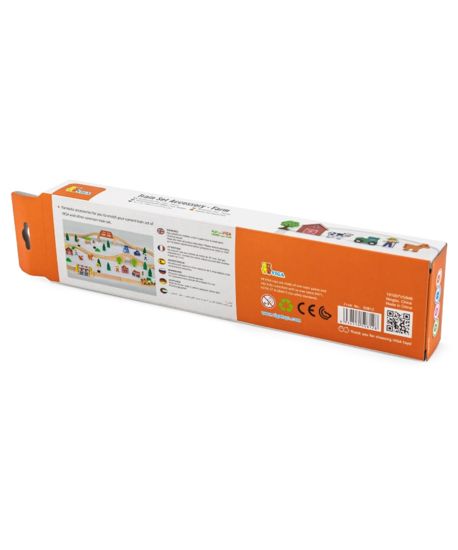 Viga Wooden Farm Train Set Accessory  6-Piece Pretend Play Set with Tractor, Barn, Animals and Farmer  For Ages 3 and Up