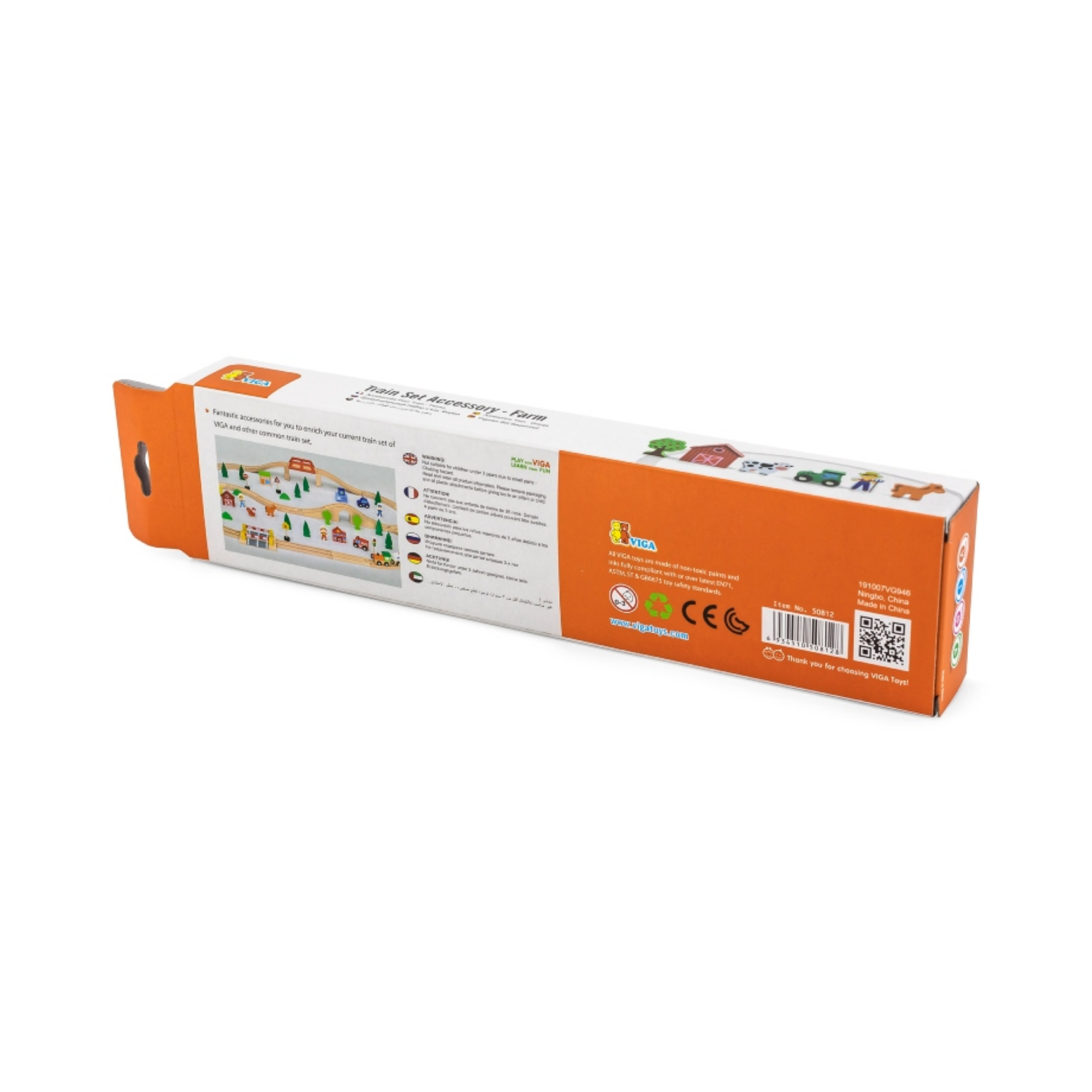 Viga Wooden Farm Train Set Accessory  6-Piece Pretend Play Set with Tractor, Barn, Animals and Farmer  For Ages 3 and Up