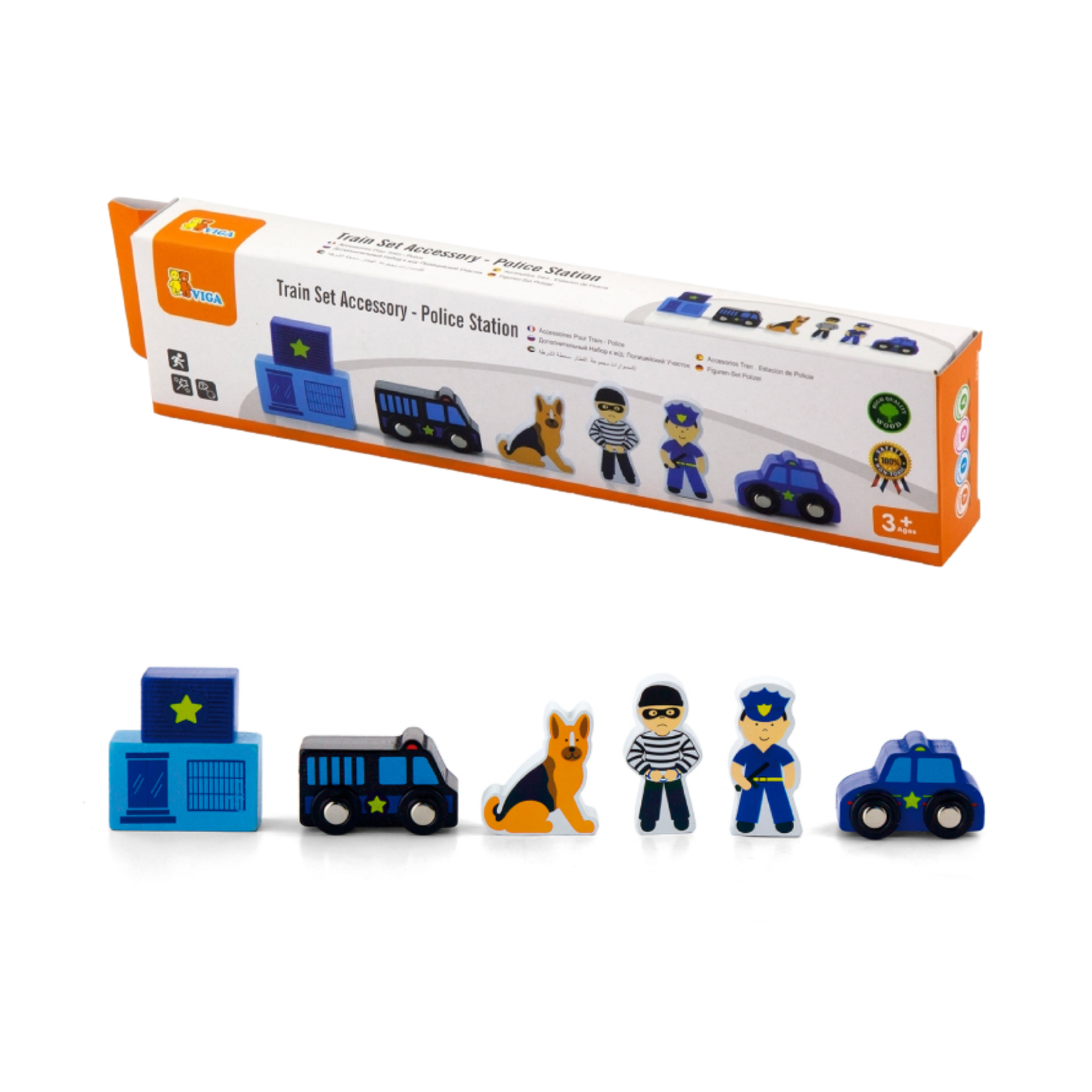 VIGA Wooden Police Station Figure Set  Train Set Accessory with Police Car, Officer, Dog and More  Imaginative Roleplay Toy for Kids Ages 3 and Up