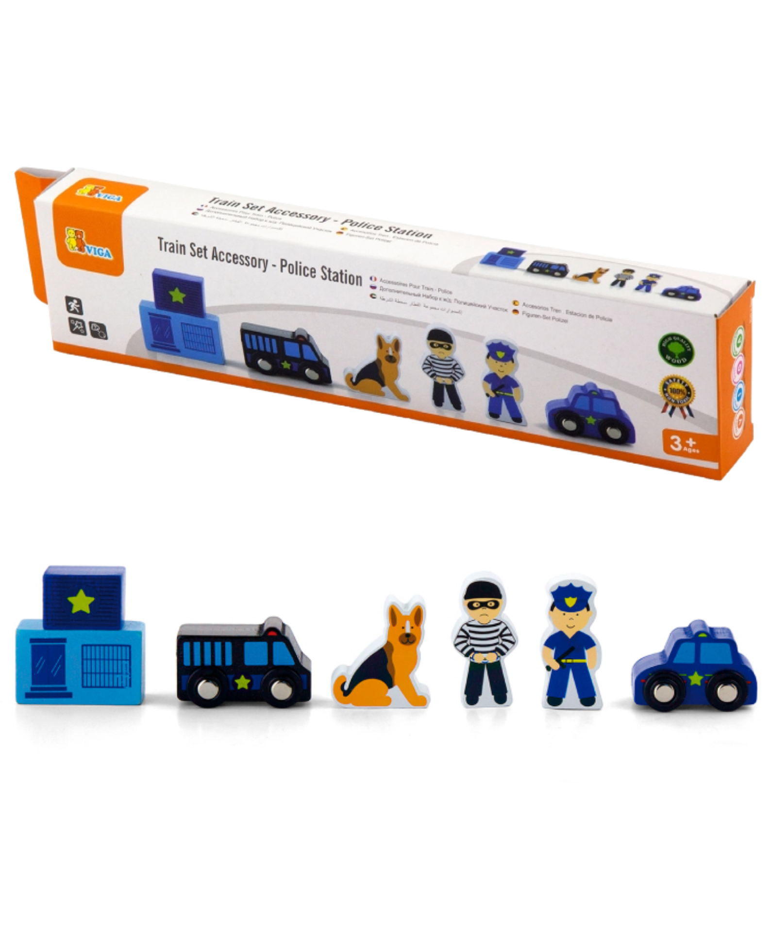 VIGA Wooden Police Station Figure Set  Train Set Accessory with Police Car, Officer, Dog and More  Imaginative Roleplay Toy for Kids Ages 3 and Up