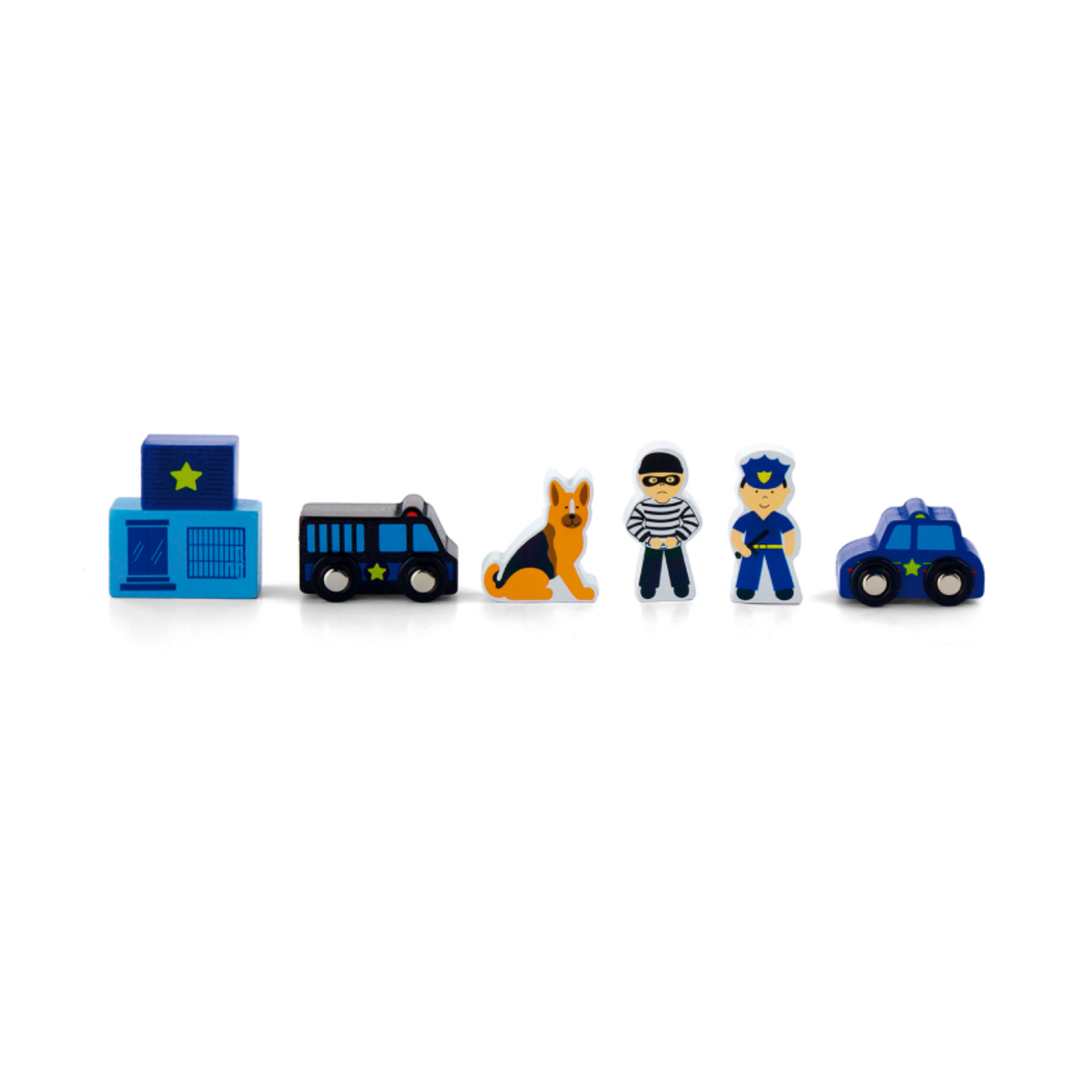 VIGA Wooden Police Station Figure Set  Train Set Accessory with Police Car, Officer, Dog and More  Imaginative Roleplay Toy for Kids Ages 3 and Up