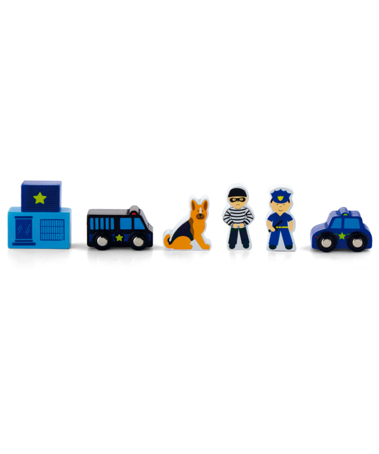 VIGA Wooden Police Station Figure Set  Train Set Accessory with Police Car, Officer, Dog and More  Imaginative Roleplay Toy for Kids Ages 3 and Up