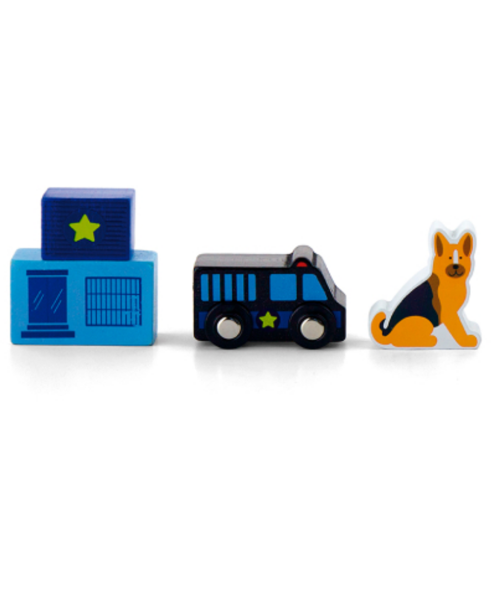 VIGA Wooden Police Station Figure Set  Train Set Accessory with Police Car, Officer, Dog and More  Imaginative Roleplay Toy for Kids Ages 3 and Up