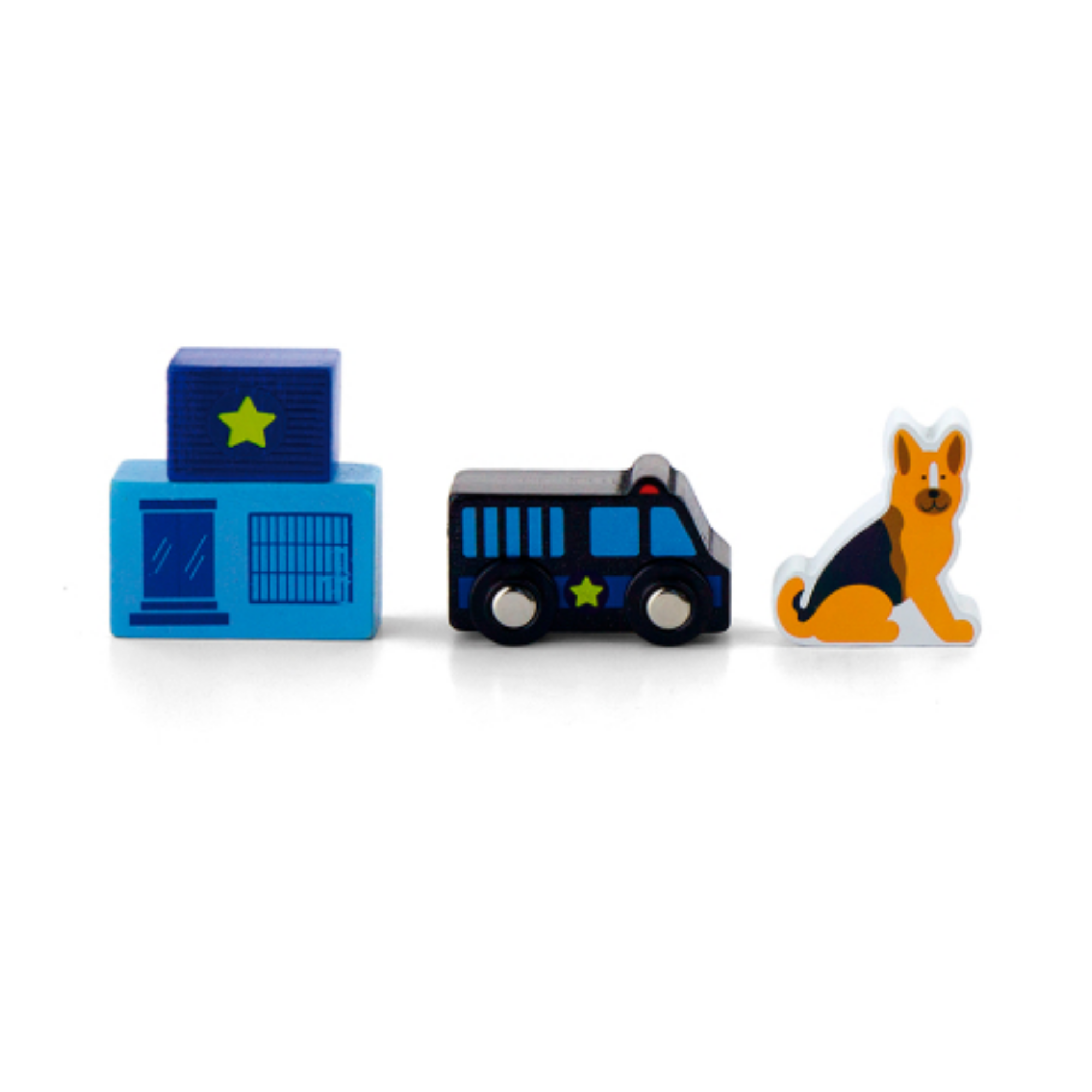 VIGA Wooden Police Station Figure Set  Train Set Accessory with Police Car, Officer, Dog and More  Imaginative Roleplay Toy for Kids Ages 3 and Up
