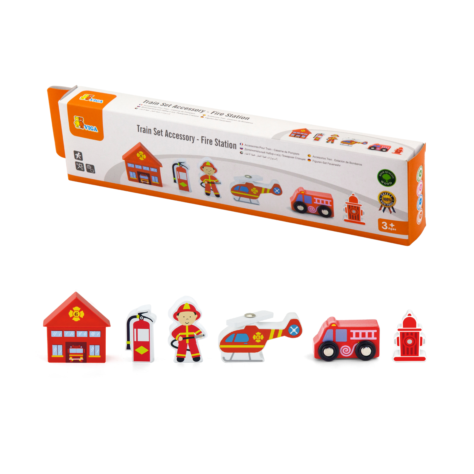 VIGA Wooden Fire Station Figure Set  Train Set Accessory with Firefighter, Helicopter, Fire Truck and More  Imaginative Roleplay Toy for Kids Ages 3 and Up
