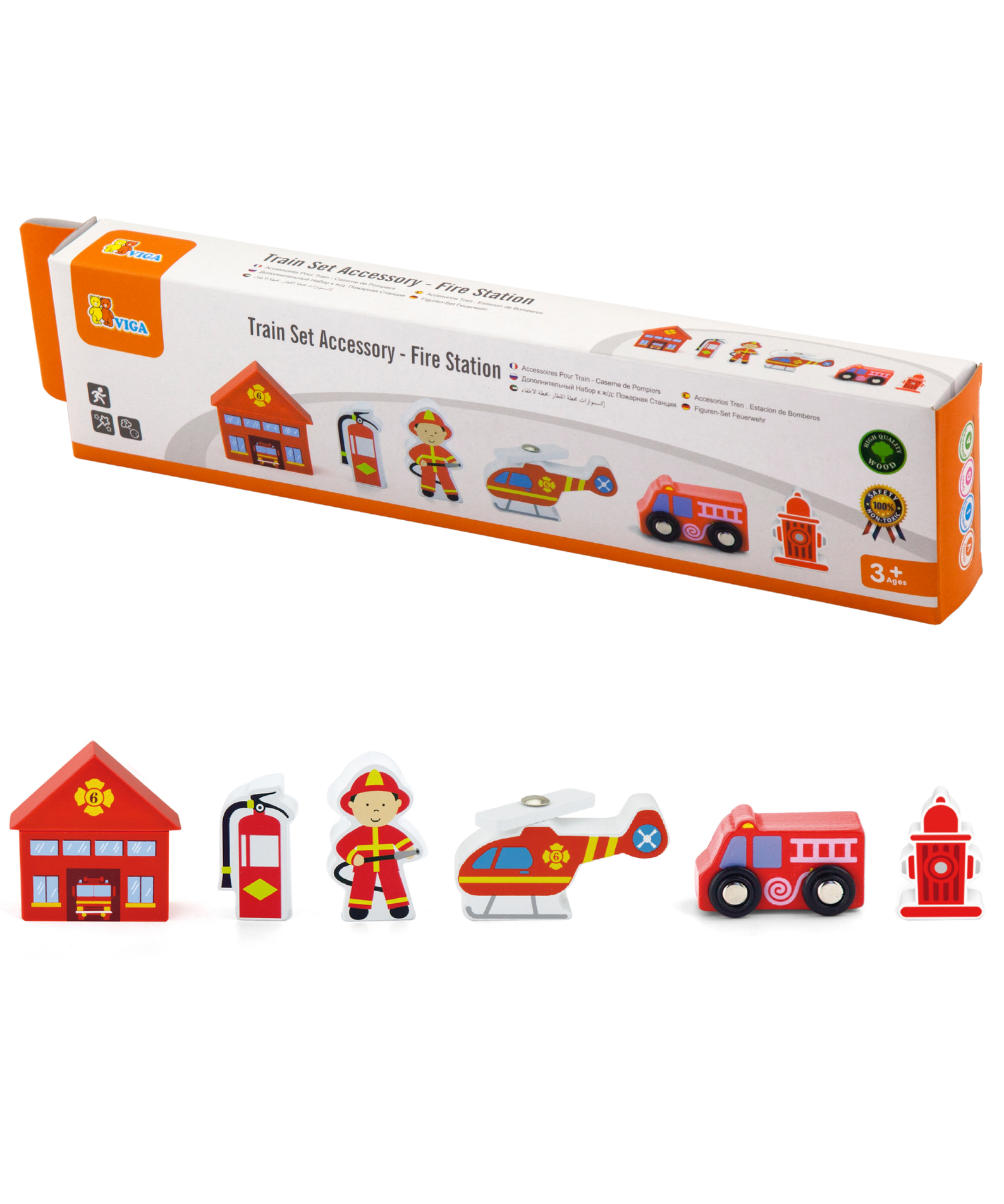 VIGA Wooden Fire Station Figure Set  Train Set Accessory with Firefighter, Helicopter, Fire Truck and More  Imaginative Roleplay Toy for Kids Ages 3 and Up