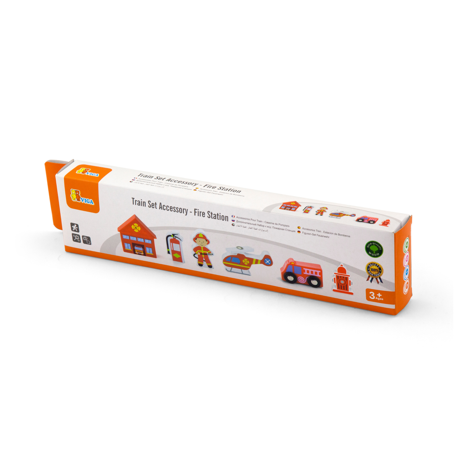 VIGA Wooden Fire Station Figure Set  Train Set Accessory with Firefighter, Helicopter, Fire Truck and More  Imaginative Roleplay Toy for Kids Ages 3 and Up
