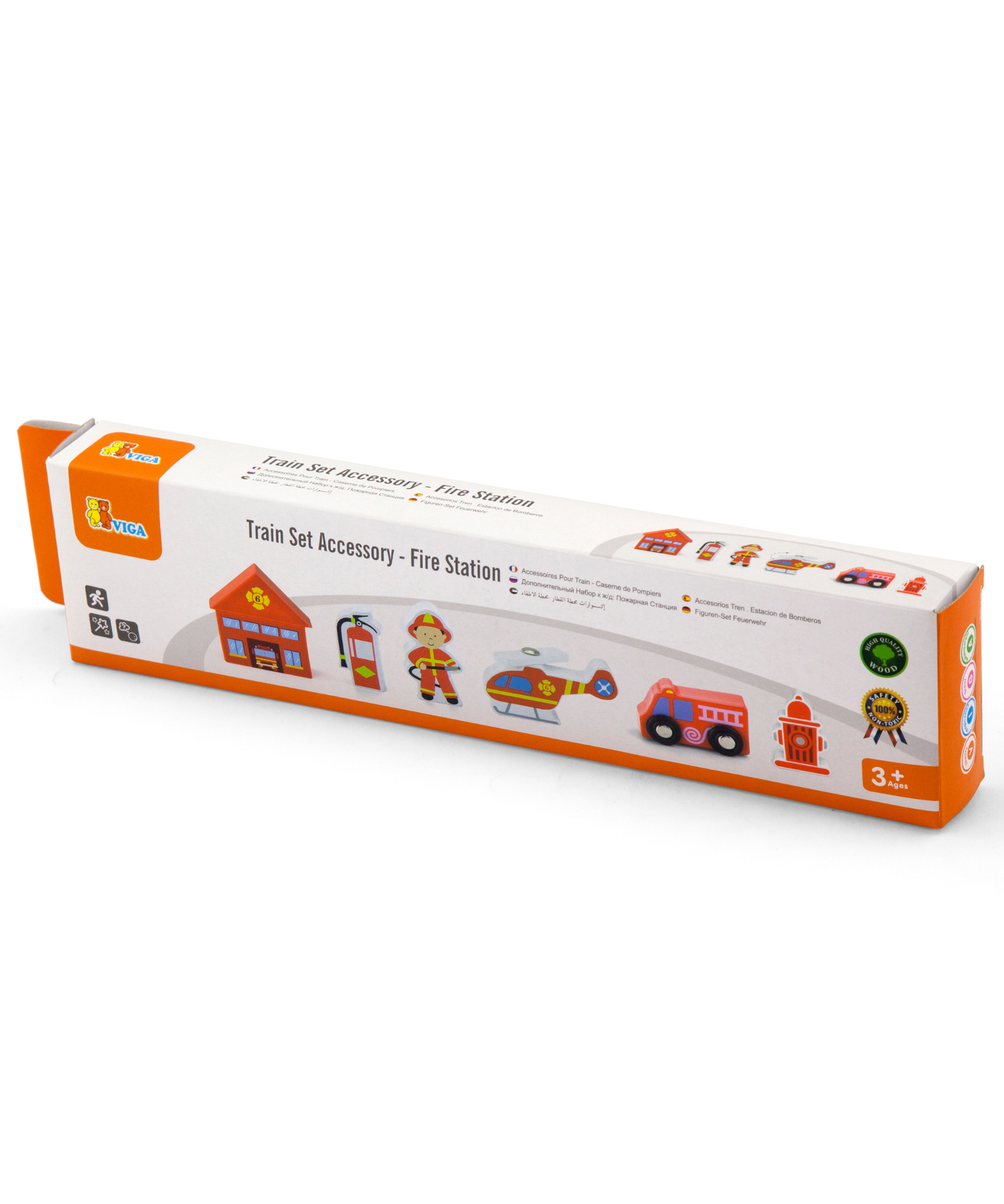 VIGA Wooden Fire Station Figure Set  Train Set Accessory with Firefighter, Helicopter, Fire Truck and More  Imaginative Roleplay Toy for Kids Ages 3 and Up