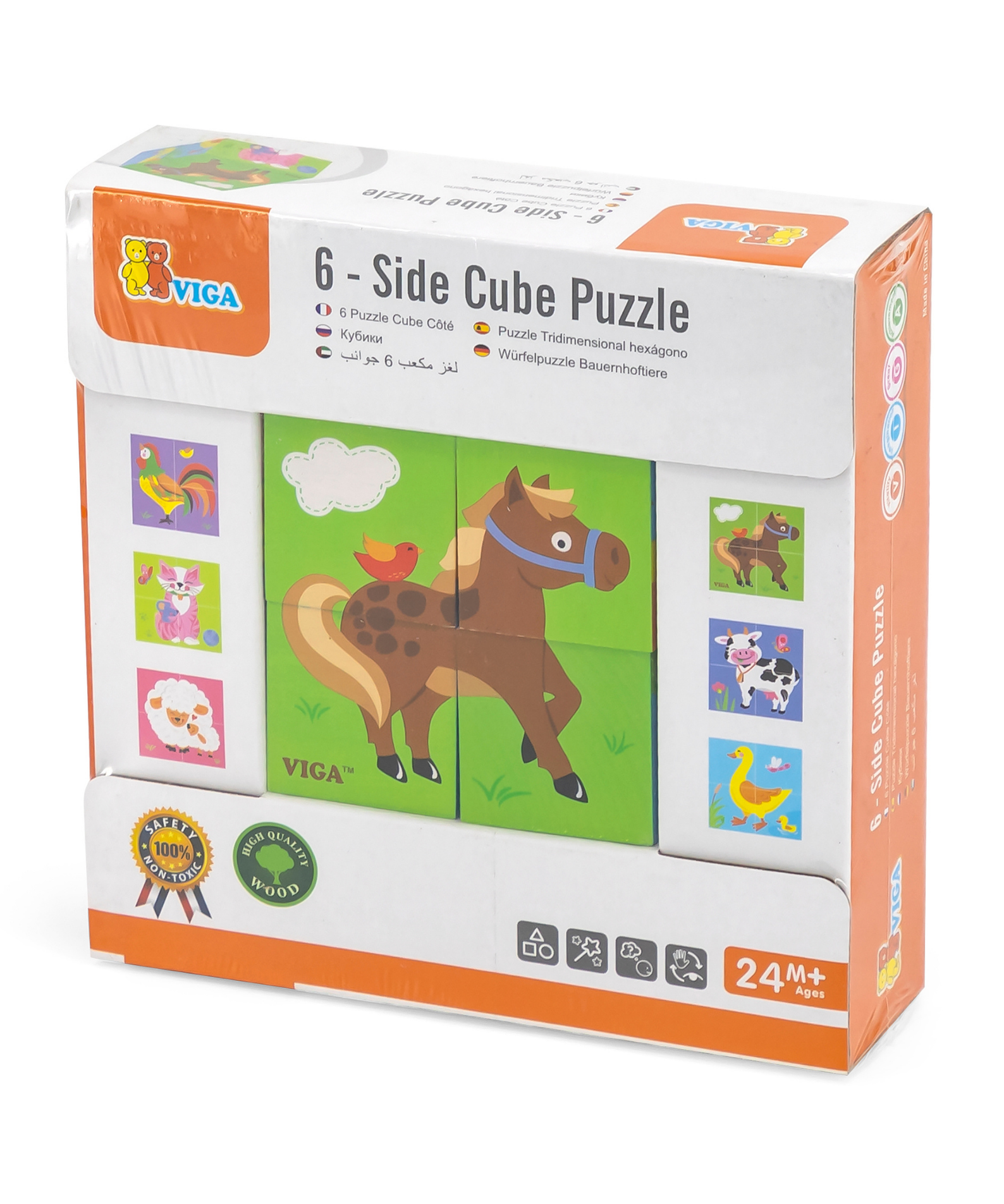 Viga Farm Animals, 6 Sided Cube Puzzle, Montessori Wooden Toy, Develops Sensory, Cognitive & Fine Motor Skills, Non-Toxic & Eco-friendly Kids Educational Toy, Suitable for Boys and Girls Aged 2Y+